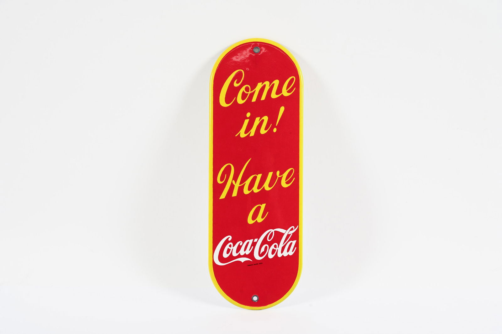 COME IN! HAVE A COCA-COLA PORCELAIN PALM PUSH SIGN: COME IN! HAVE A COCA-COLA PORCELAIN PALM PUSH SIGN NOT MARKED EXCELLENT COLOURS AND GLOSS NEAR MINT CONDITION 4"X11.5" *ALL ITEMS GUARANTEED AUTHENTIC BY SHACKELTON AUCTIONS UNLESS OTHERWISE