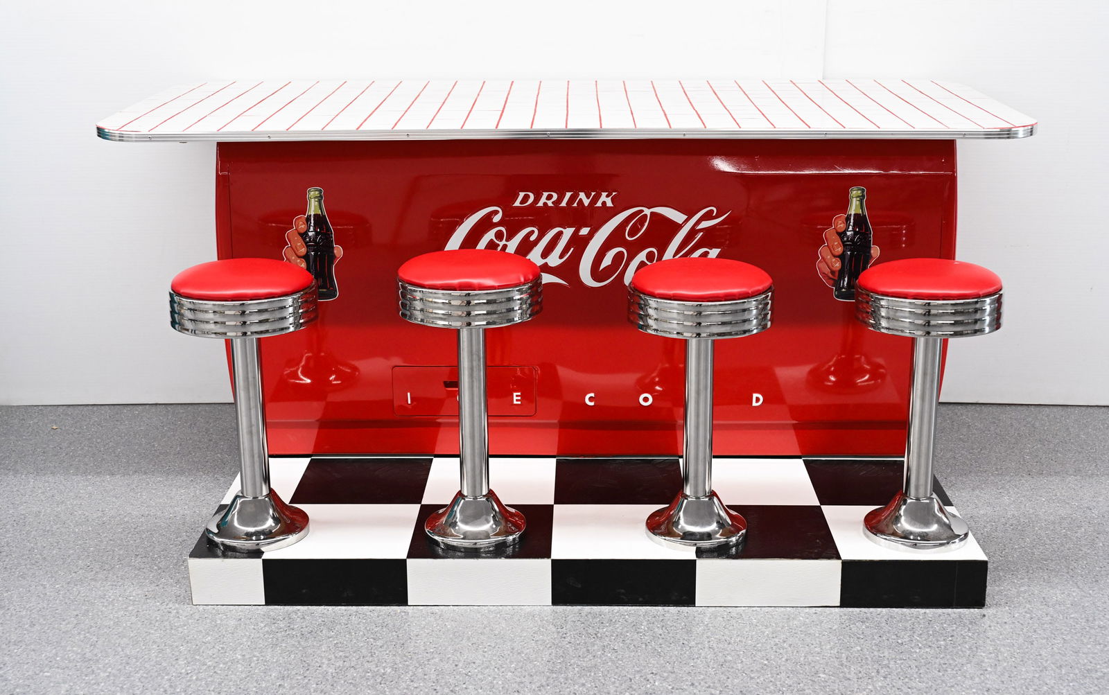 RESTORED COCA-COLA CHEST COOLER BAR WITH STOOLS: RESTORED CAVALIER MODEL C22 COCA-COLA CHEST COOLER BAR WITH STOOLS PROFESSIONALLY RESTORED WITH TILE TOP AND CHECKERBOARD BASE VERY GOOD CONDITION WITH FOUR STOOLS LIFT TOP WITH STORAGE 