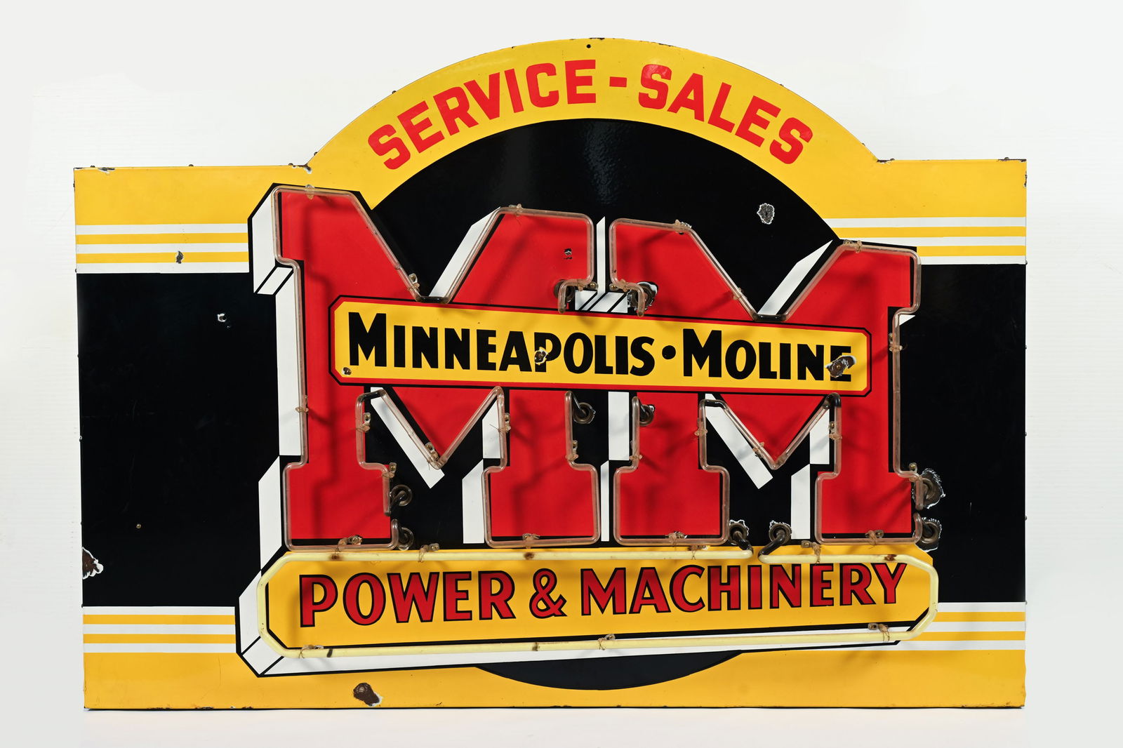 MINNEAPOLIS-MOLINE PORCELAIN NEON DEALER SIGN: AMAZING MINNEAPOLIS-MOLINE POWER & MACHINES SERVICE - SALES PORCELAIN NEON DEALER SIGN NOT MARKED EXCELLENT COLOURS AND GLOSS FIELD IN OVERALL GOOD CONDITION AND DISPLAYS GREAT SHOWS SOME