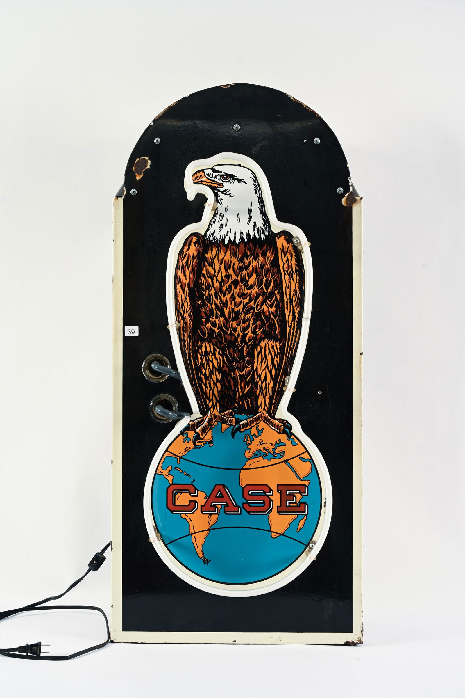 CASE "OLD ABE" SINGLE SIDED PORCELAIN NEON SIGN: CASE "OLD ABE" SINGLE SIDED PORCELAIN NEON SIGN NOT MARKED DISPLAYS GREAT WITH STRONG COLOURS AND GLOSS MINOR PORCELAIN LOSS IN FIELD PORCELAIN LOSS MOST EVIDENT AROUND TOP EDGE GOOD WORKING