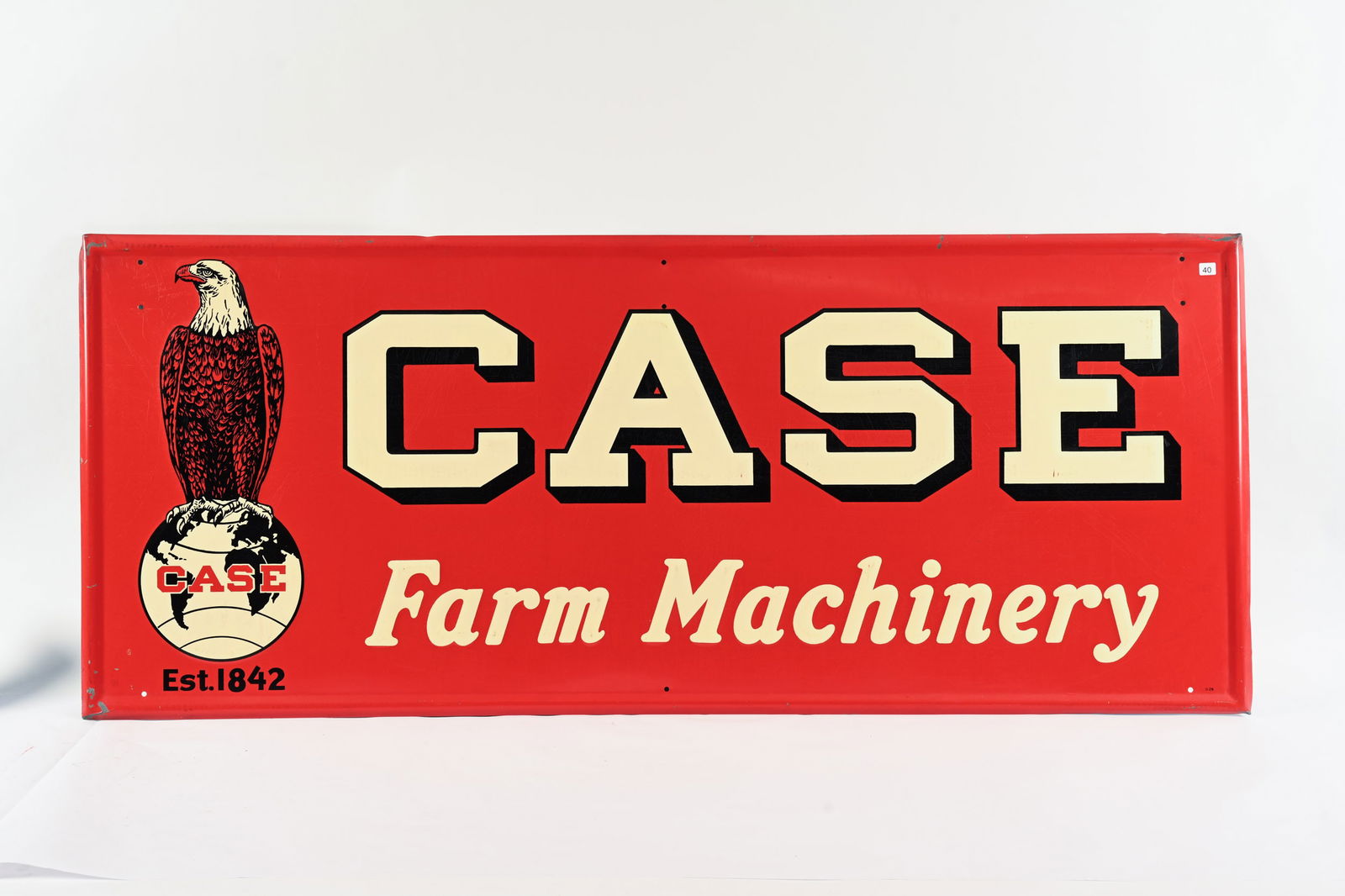 CASE FARM MACHINERY EMBOSSED TIN SIGN: OUTSTANDING CASE FARM MACHINERY EMBOSSED TIN SIGN MARKED G-29 SELF FRAMED EDGE EXCELLENT COLOURS AND GLOSS FIELD IN NEAR MINT CONDITION SHOWS SOME MINOR SURFACE SCRATCHES IN FIELD PAINT LOSS