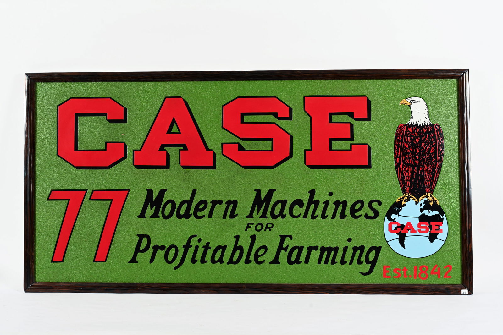 RESTORED CASE 77 MODERN MACHINES TIN SMALTZ SIGN: RESTORED CASE 77 MODERN MACHINES FOR PROFITABLE FARMING TIN SMALTZ SIGN ORIGINAL EARLY TIN SIGN THAT HAS BEEN PROFESSIONALLY RESTORED NEW FRAME ADDED HAND PAINTED SCRIPT AND OLD ABE WITH SMALTZ FINISH