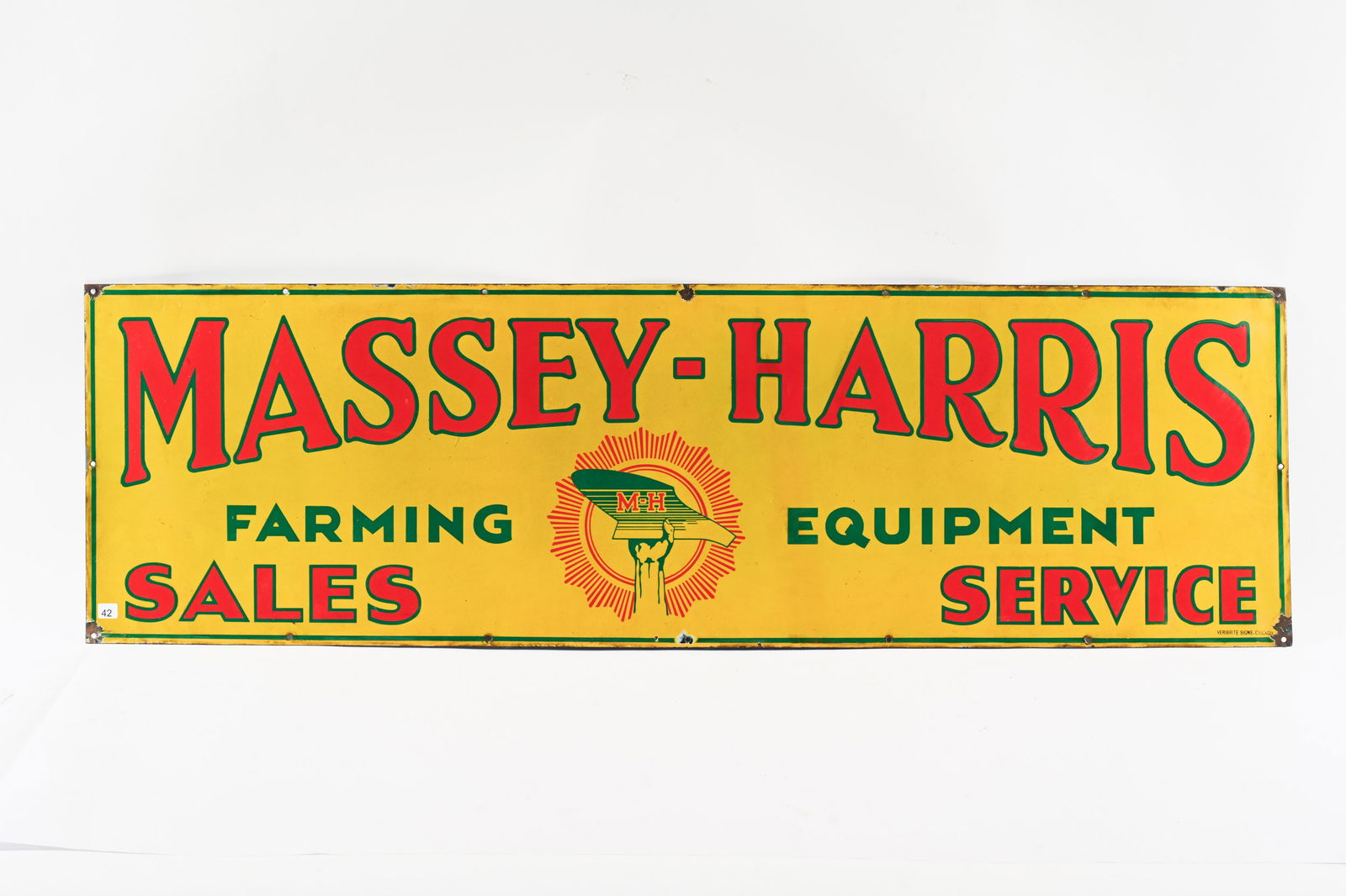 MASSEY-HARRIS FARMING EQUIPMENT PORCELAIN SIGN: MASSEY-HARRIS FARMING EQUIPMENT SALES AND SERVICE PORCELAIN SIGN MARKED VERIBRITE SIGNS, CHICAGO DISPLAYS WELL WITH STRONG COLOURS AND GLOSS FIELD IN VERY GOOD CONDITION SOME MILD SURFACE STAINING