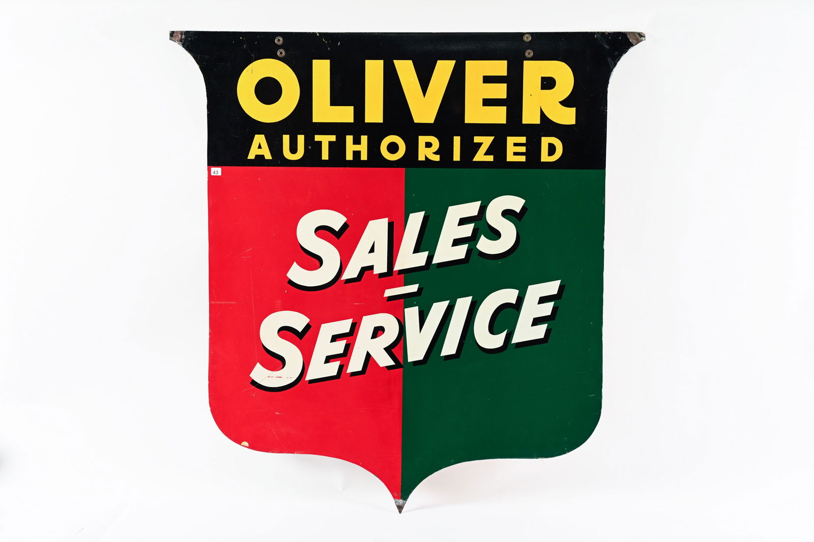 OLIVER DOUBLE SIDED PAINTED METAL DEALER SIGN: OLIVER AUTHORIZED SALES AND SERVICE DOUBLE SIDED PAINTED METAL DEALER SIGN NOT MARKED STRONG COLOURS AND GLOSS BOTH FIELDS IN VERY GOOD CONDITION WITH MINOR SURFACE WEAR PAINT LOSS ON BOTH SIDES