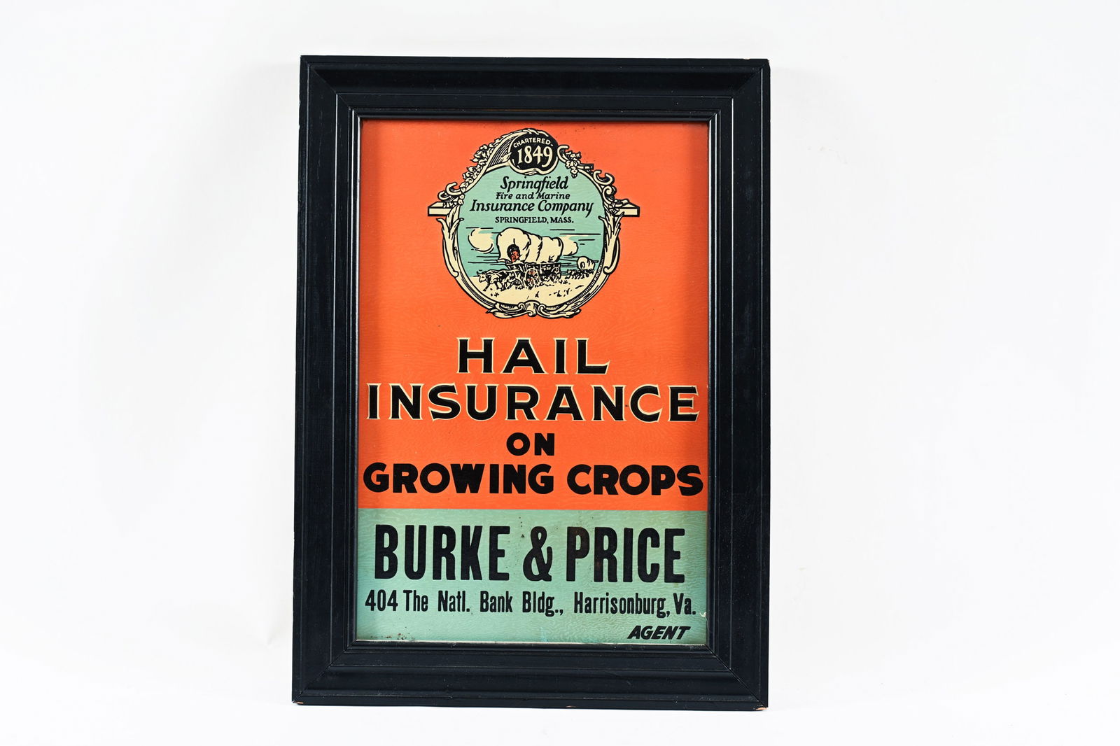 FRAMED HAIL INSURANCE AGENT TIN SIGN: FRAMED HAIL INSURANCE BURKE & PRICE HARRISONBURG, VA AGENT TIN SIGN SPRINGFIELD FIRE AND MARINE INSURANCE COMPANY HAIL INSURANCE ON GROWING CROPS STRONG COLOURS AND GLOSS FIELD IN NEAR MINT