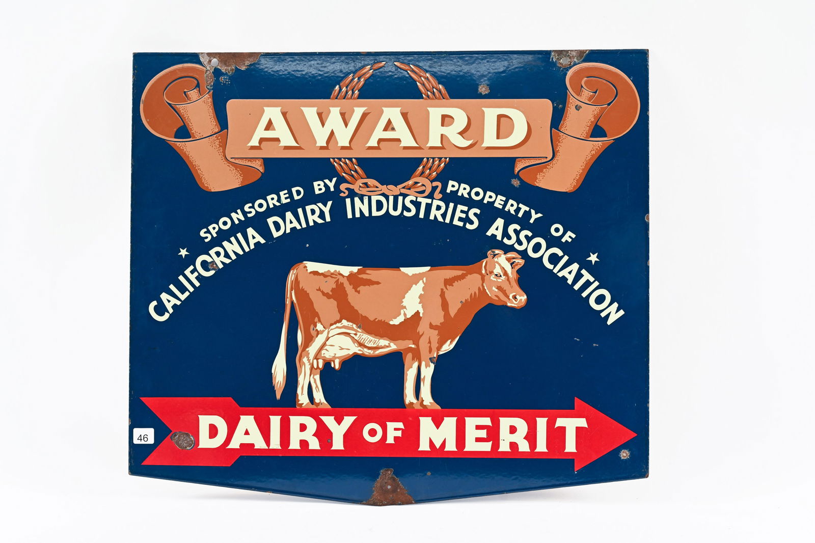 DAIRY OF MERIT AWARD DIRECTIONAL D/S PORCELAIN SIGN: DAIRY OF MERIT AWARD DIRECTIONAL DOUBLE SIDED PORCELAIN SIGN CALIFORNIA DAIRY INDUSTRIES ASSOCIATION NOT MARKED STRONG COLOURS AND GLOSS WITH GREAT GRAPHICS FIELD ON BOTH SIDES IN GOOD CONDITION