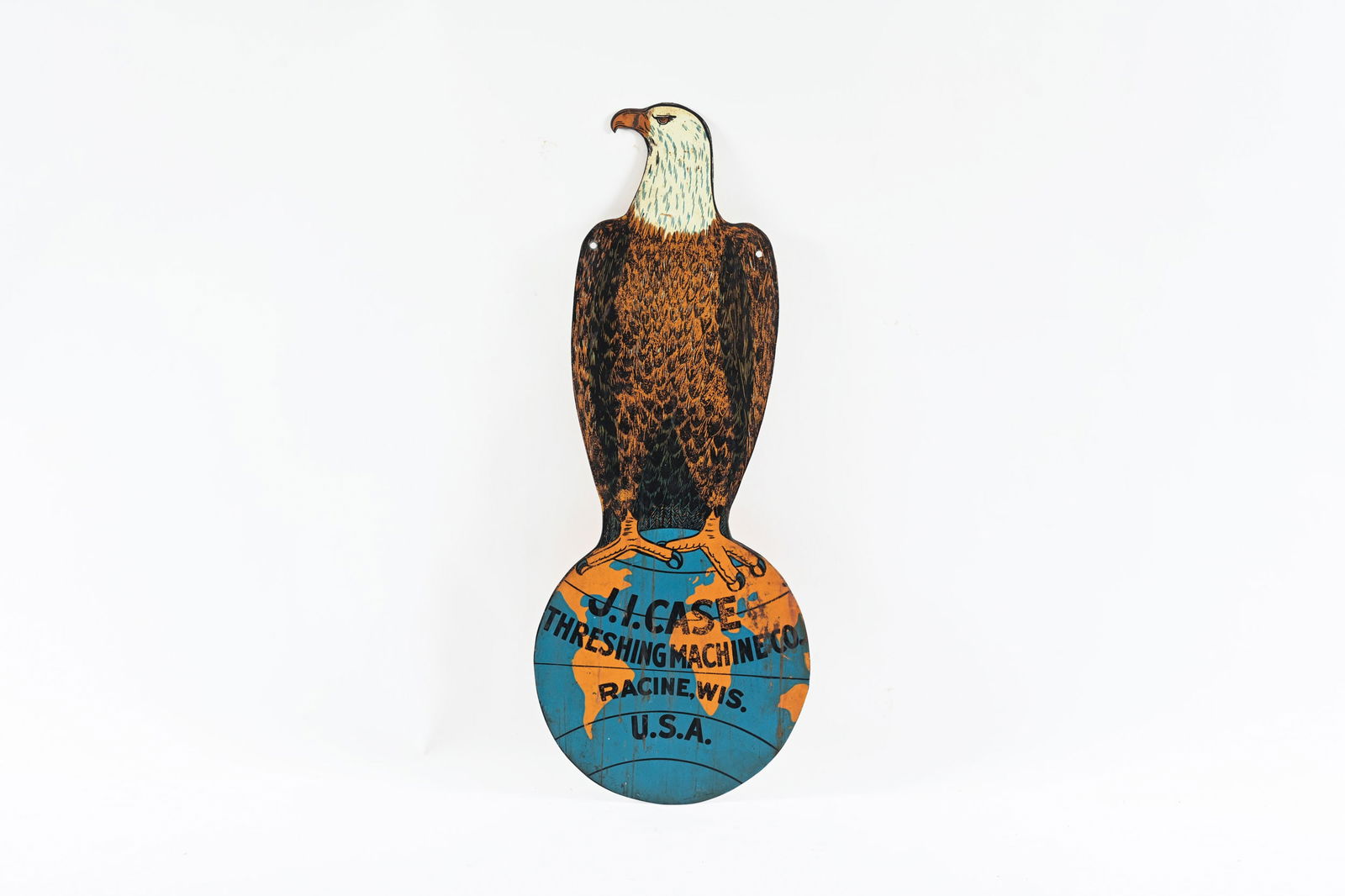 J.I. CASE THRESHING MACHINE CO. "OLD ABE" D/S FLANGE: RARE J.I. CASE THRESHING MACHINE CO. "OLD ABE" DOUBLE SIDED PAINTED METAL FLANGE SIGN NOT MARKED FLANGE HAS BEEN CUT OFF DISPLAYS WELL WITH GOOD COLOURS AND GREAT IMAGE OF OLD ABE STANDING ON THE