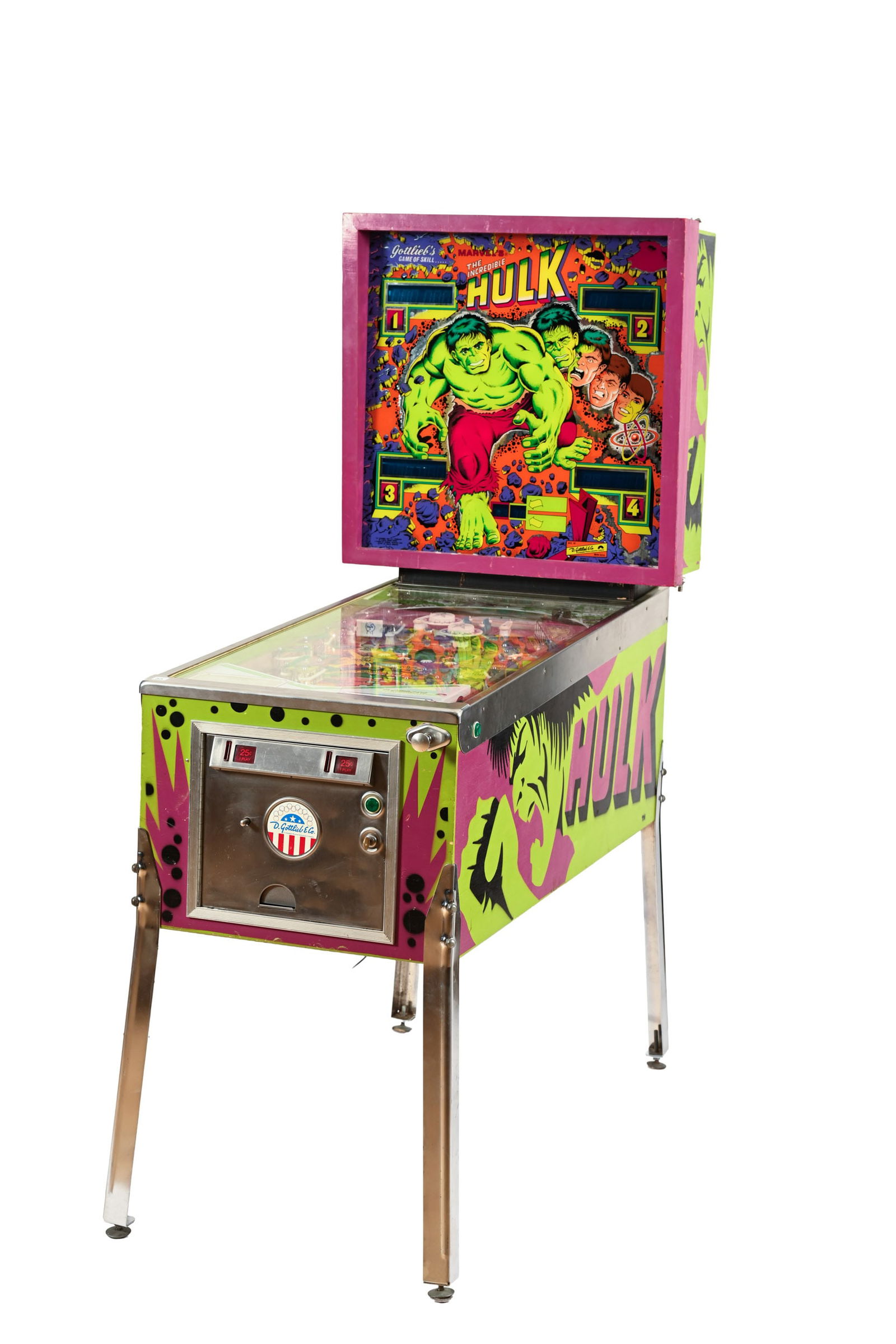 1979 GOTTLIEB THE INCREDIBLE HULK PIN BALL MACHINE: 1979 GOTTLIEB THE INCREDIBLE HULK PIN BALL MACHINE D. GOTTLIEB & CO. NORTHLAKE, ILL ALL ORIGINAL MIRRORED BACKGLASS IN NEAR MINT CONDITION PLAYFIELD IN VERY GOOD CONDITION WITH SOME MINOR PLAY