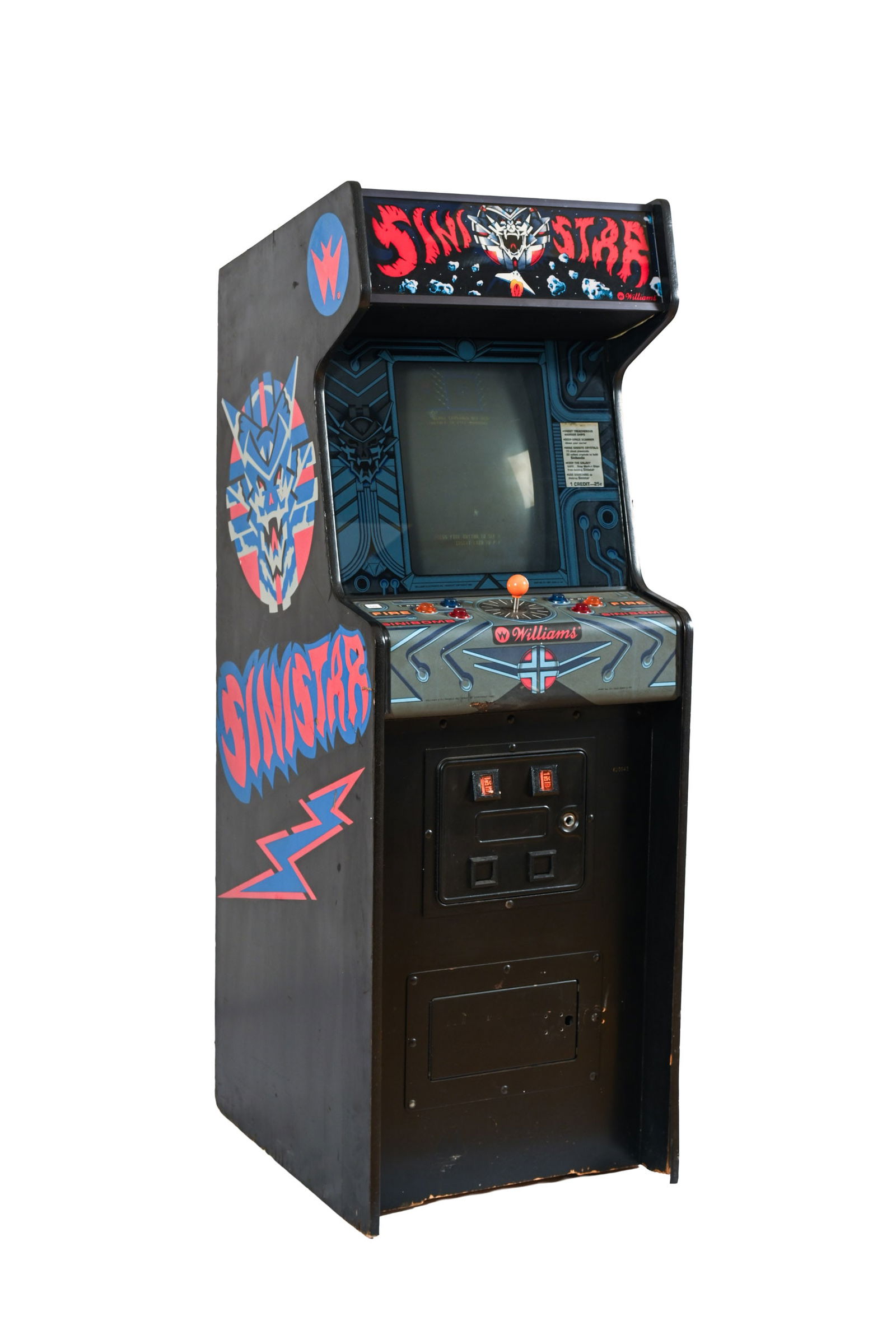 1982 WILLIAMS SINISTAR ARCADE GAME: 1982 WILLIAMS SINISTAR ARCADE GAME WILLIAMS ELECTRONICS INC. ORIGINAL CONDITION CABINET AND MONITOR IN GOOD CONDITION FULLY WORKING CONDITION SWITCHING POWER SUPPLY INSTALLED NEW CR2032 COIN CELL