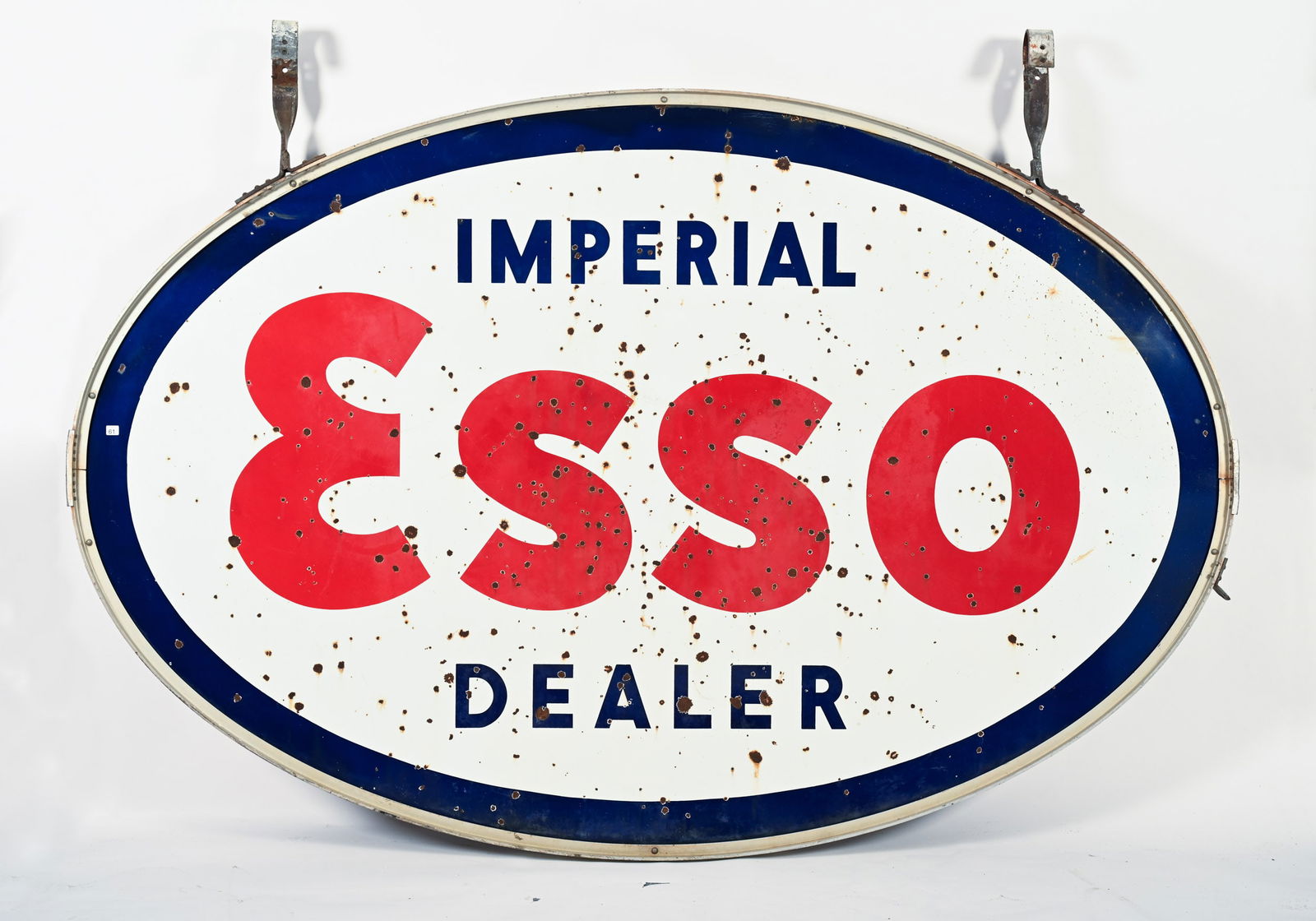 IMPERIAL ESSO DEALER D/S PORCELAIN SIGN WITH HANGER: IMPERIAL ESSO DEALER DOUBLE SIDED PORCELAIN SIGN WITH HANGER FRAME MARKED P&M ORILLIA OVERALL GOOD COLOURS AND GLOSS SIGNIFICANT CHIPS OF PORCELAIN LOSS IN THE FIELD ON BOTH SIDES 93"X61" *ALL