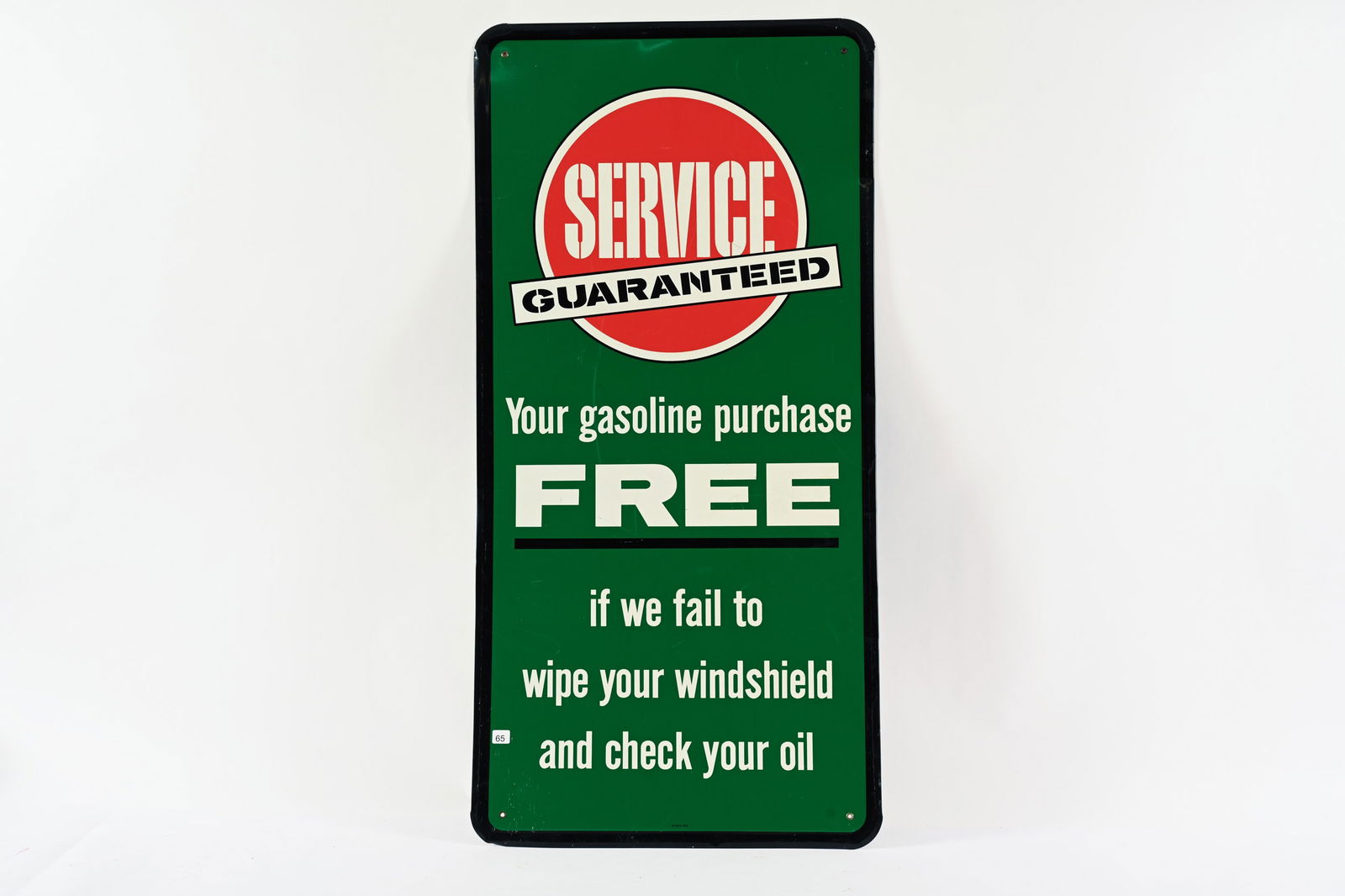 1963 SUPERTEST SERVICE GUARANTEED TIN SIGN: 1963 SUPERTEST SERVICE GUARANTEED TIN SIGN YOUR GASOLINE PURCHASE FREE IF WE FAIL TO WIPE YOUR WINDSHIELD AND CHECK YOUR OIL MARKED S.T.M.S. 63 STRONG COLOURS AND GLOSS FIELD IN NEAR MINT CONDITION