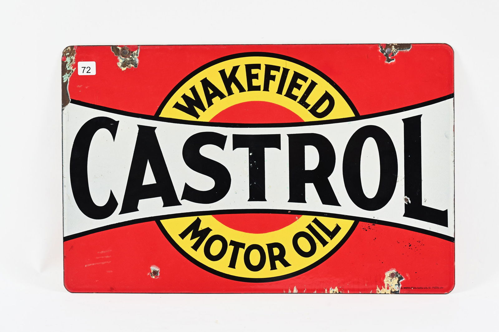 CASTROL WAKEFIELD MOTOR OIL D/S PORCELAIN RACK SIGN: CASTROL WAKEFIELD MOTOR OIL DOUBLE SIDED PORCELAIN RACK SIGN MARKED ST. THOMAS METAL SIGN CO LTD, ST. THOMAS ONT EXCELLENT COLOURS AND GLOSS FIELD ON FRONT SIDE IN GOOD CONDITION SHOWS PORCELAIN