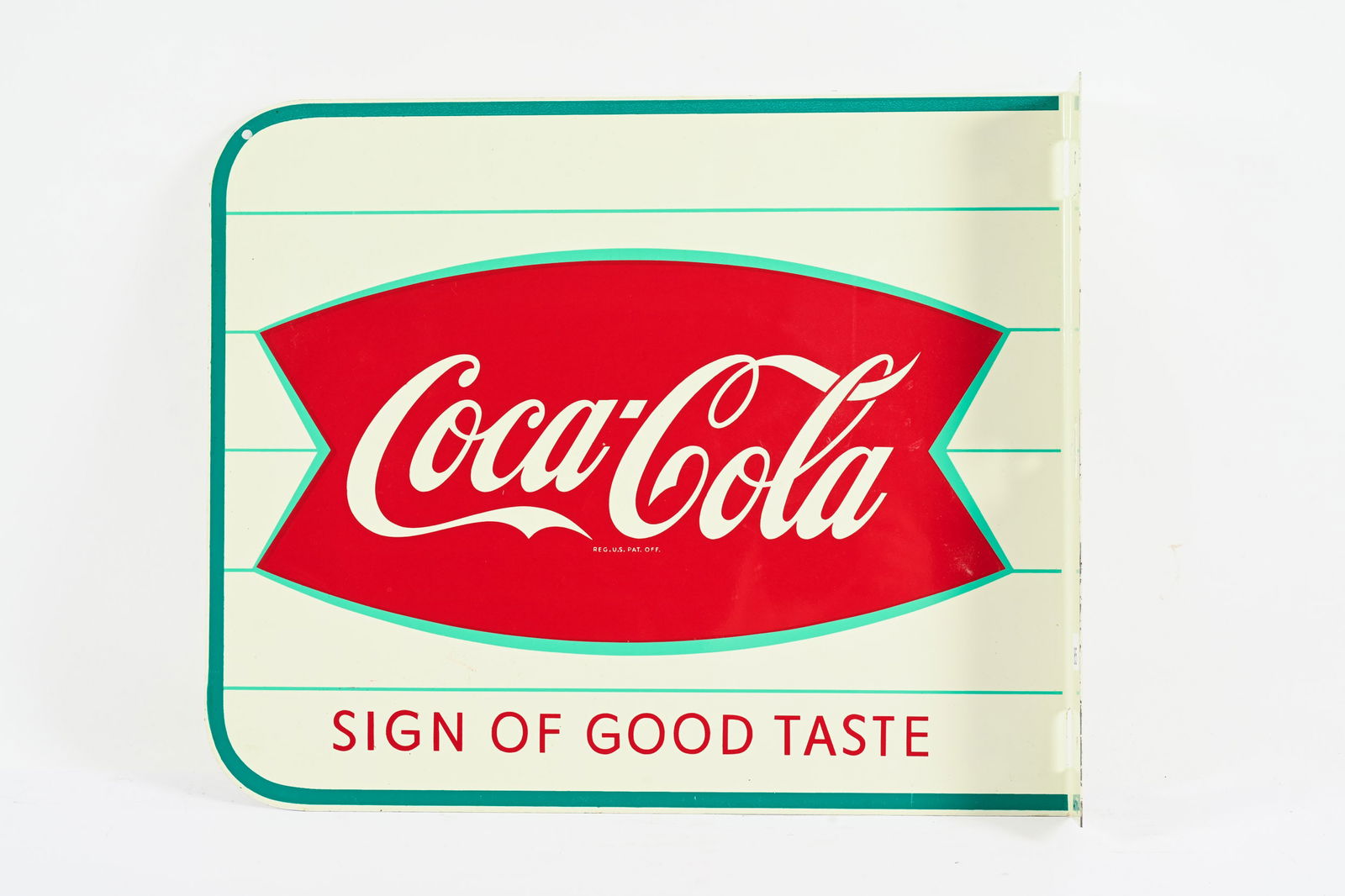 1950'S COCA-COLA FISHTAIL D/S PAINTED METAL FLANGE: 1950'S COCA-COLA "SIGN OF GOOD TASTE" FISHTAIL DOUBLE SIDED PAINTED METAL FLANGE SIGN MARKED AM 70 EXCELLENT COLOURS AND GLOSS NEW OLD STOCK CONDITION LIGHT SURFACE SCRATCHES ON BACK SIDE ONLY