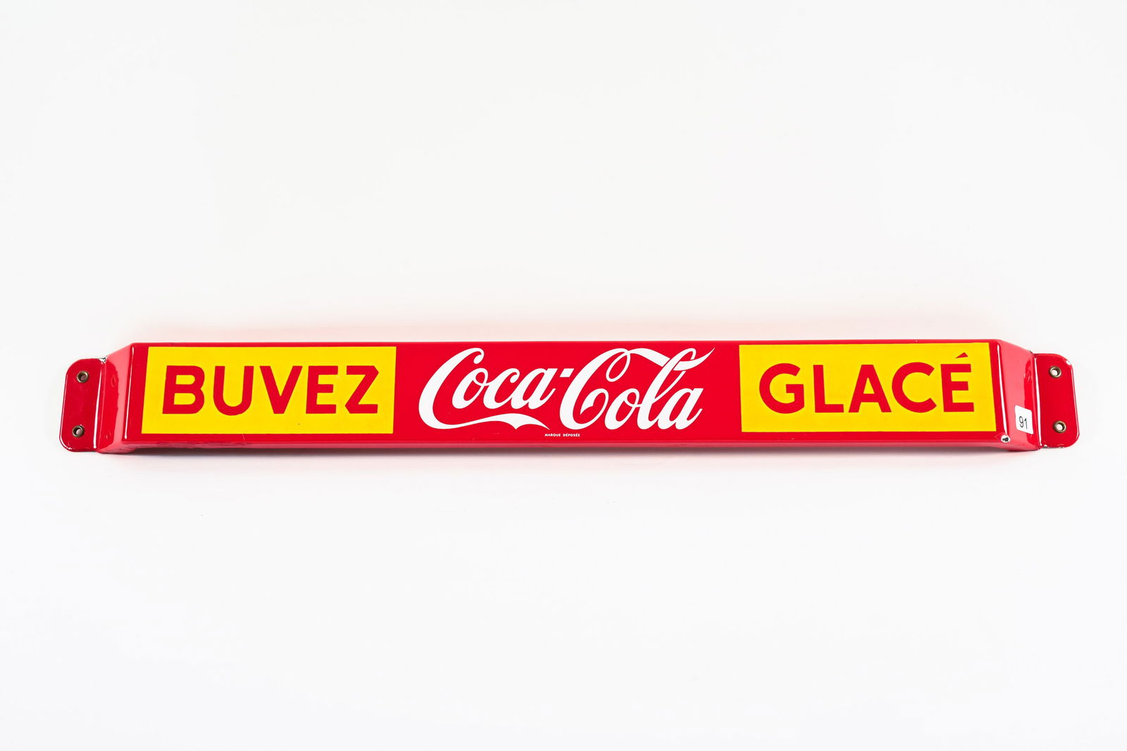 FRENCH BUVEZ COCA-COLA GLACE PORCELAIN PUSH BAR: FRENCH BUVEZ COCA-COLA GLACE PORCELAIN PUSH BAR MARKED MADE IN CANADA CM 60-006 STRONG COLOURS AND GLOSS FIELD IN NEAR MINT CONDITION SMALL SECTION OF PORCELAIN WITH TOUCH UP TO TOP LEFT EDGE ABOVE
