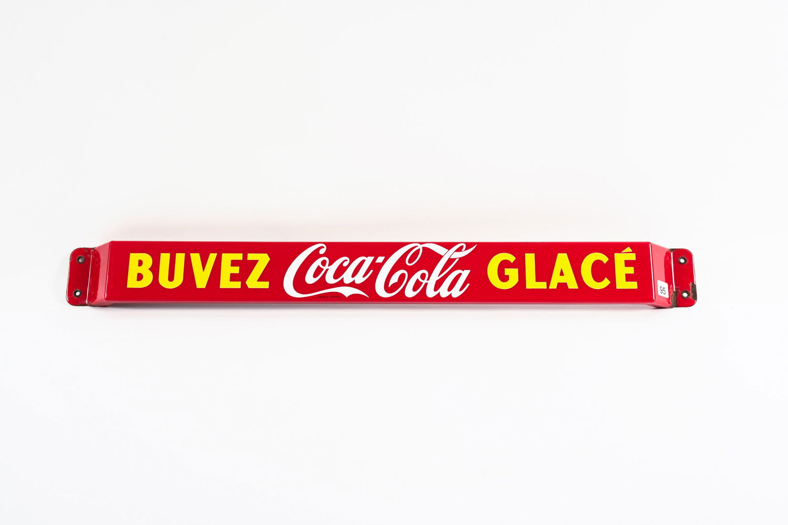 1953 FRENCH BUVEZ COCA-COLA GLACE PORC. PUSH BAR: 1953 FRENCH BUVEZ COCA-COLA GLACE PORCELAIN PUSH BAR MADE IN CANADA P&M GOOD COLOURS AND GLOSS FIELD IS VERY CLEAN WITH LIGHT SURFACE SCRATCHES PORCELAIN LOSS TO UPPER BACK EDGE AND MOUNTING ENDS 