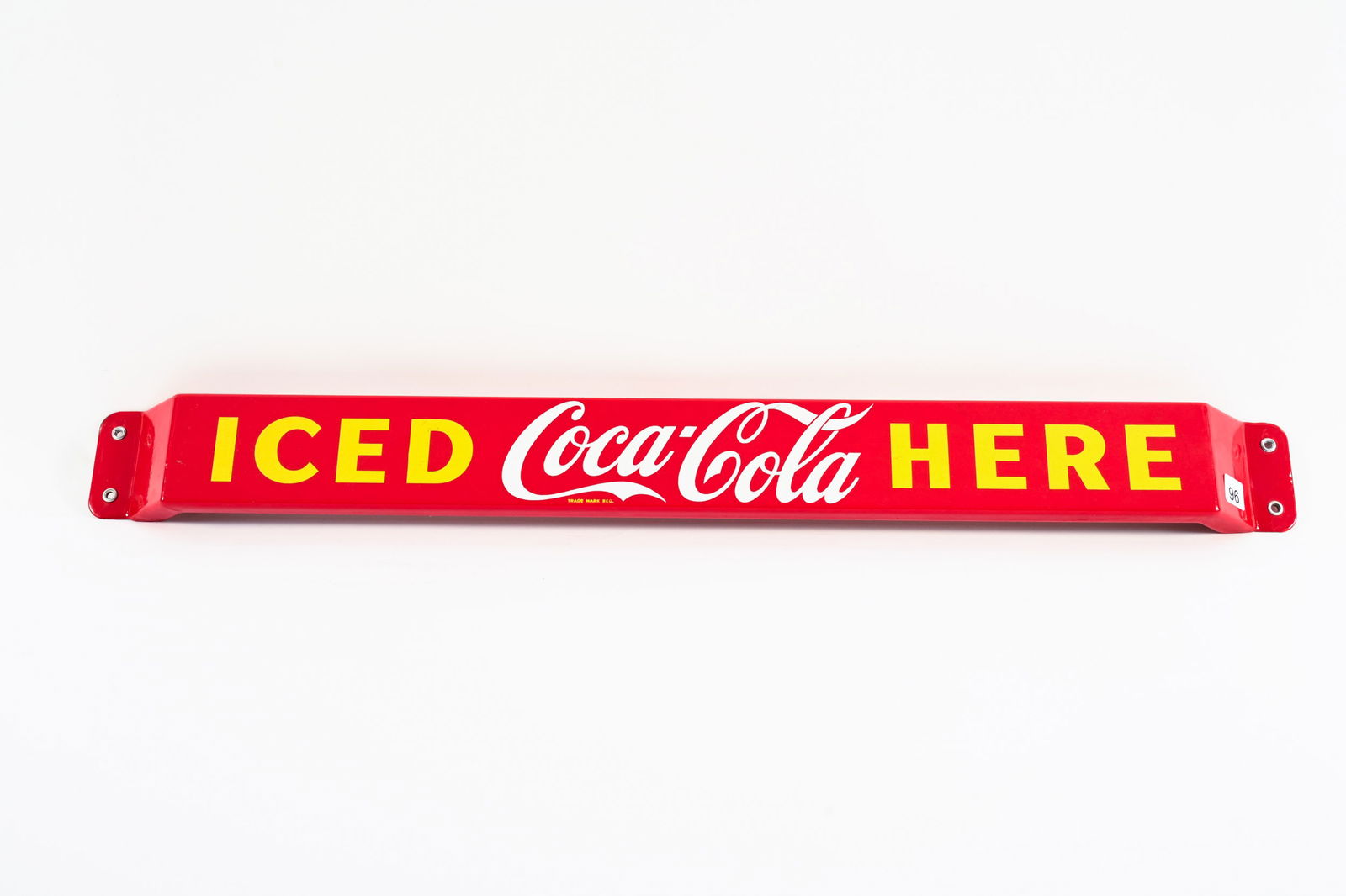 1958 ICED COCA-COLA HERE PORCELAIN PUSH BAR: 1958 ICED COCA-COLA HERE PORCELAIN PUSH BAR MARKED MADE IN CANADA P&M STRONG COLOURS AND GLOSS FIELD IN NEAR MINT CONDITION 31"X3" *ALL ITEMS GUARANTEED AUTHENTIC BY SHACKELTON AUCTIONS UNLESS