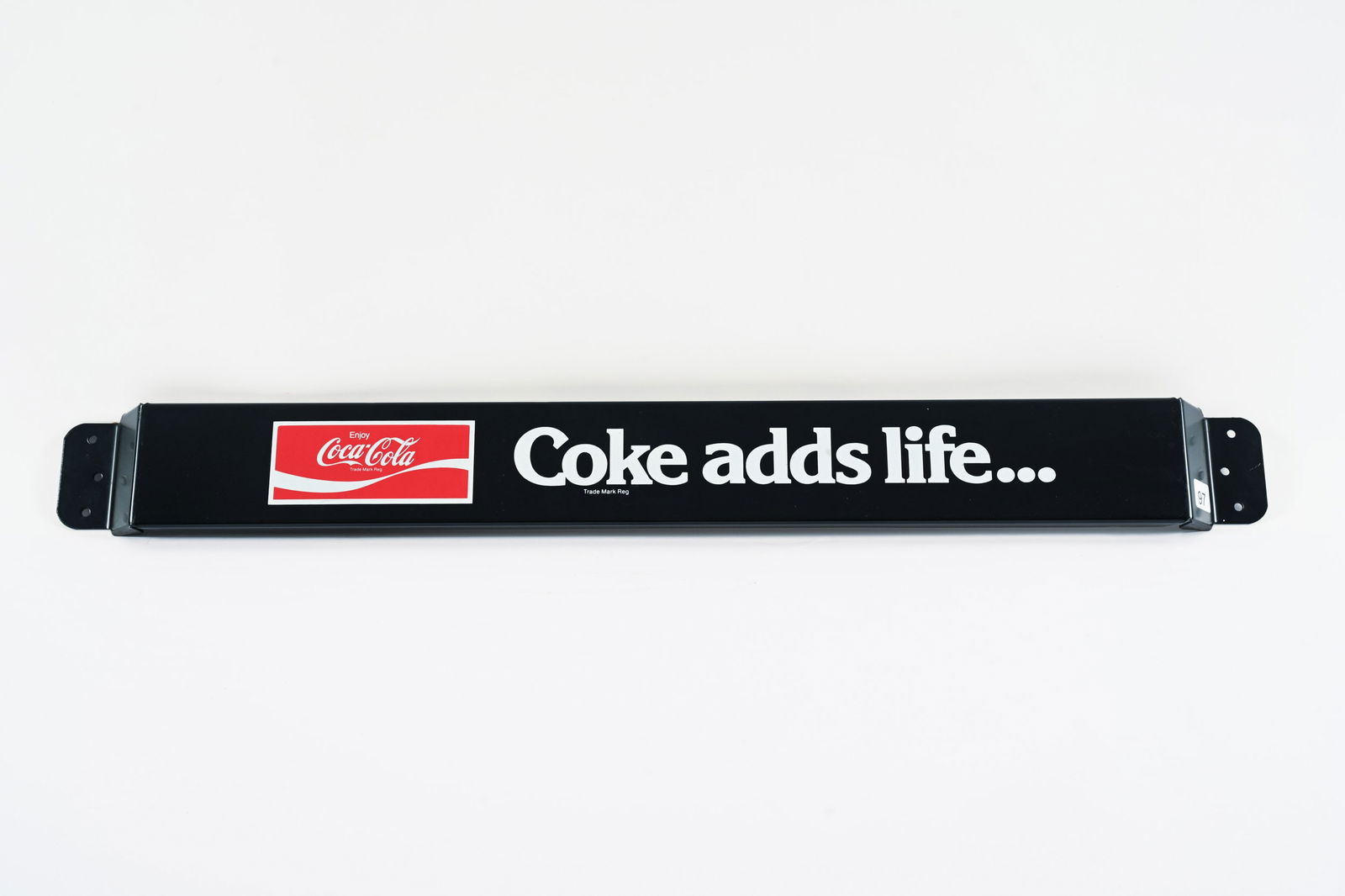 ENJOY COCA-COLA PAINTED METAL PUSH BAR: ENJOY COCA-COLA "COKE ADDS LIFE" PAINTED METAL PUSH BAR NOT MARKED NEW OLD STOCK CONDITION 32"X3.5" *ALL ITEMS GUARANTEED AUTHENTIC BY SHACKELTON AUCTIONS UNLESS OTHERWISE SPECIFIED