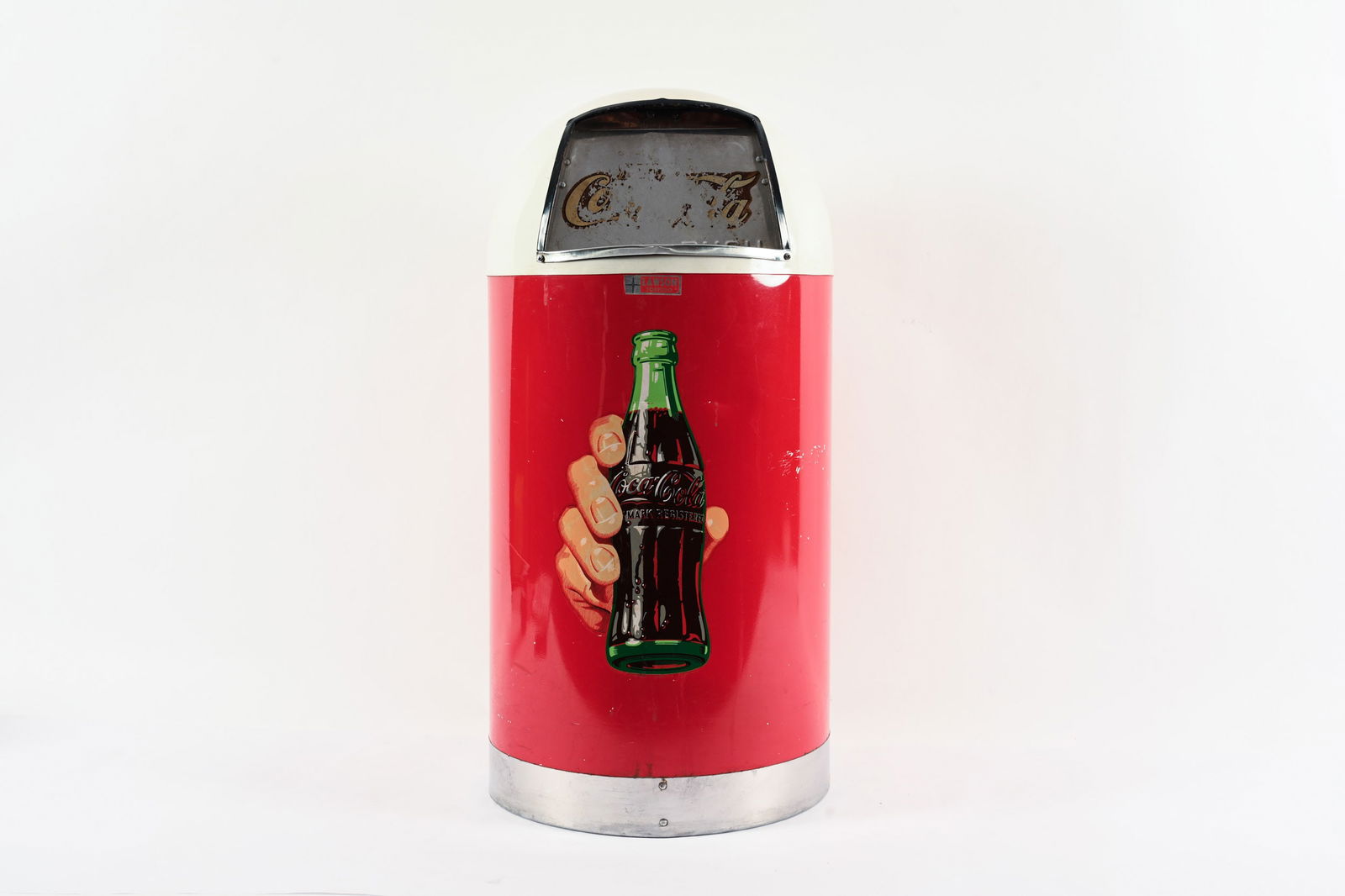 LAWSON TORPEDO COCA-COLA TRASH CAN: LAWSON TORPEDO COCA-COLA TRASH CAN SHOWS SOME WEAR AND MINOR DENTING 14"X30"