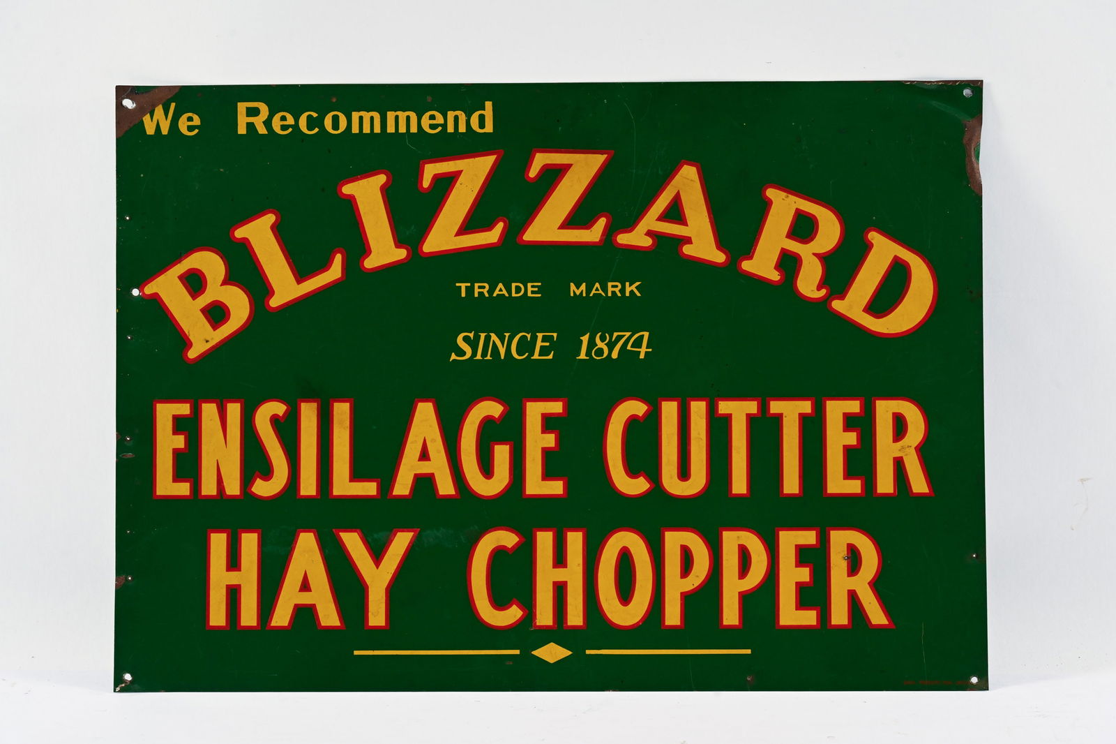BLIZZARD ENSILAGE CUTTER AND HAY CHOPPER TIN SIGN: RARE BLIZZARD ENSILAGE CUTTER AND HAY CHOPPER TIN SIGN DURA PRODUCTS SIGN, CANTON, OHIO STRONG COLOURS AND GLOSS FIELD IN VERY GOOD CONDITION PAINT LOSS TO TOP LEFT AND RIGHT CORNERS EXTENDING DOWN