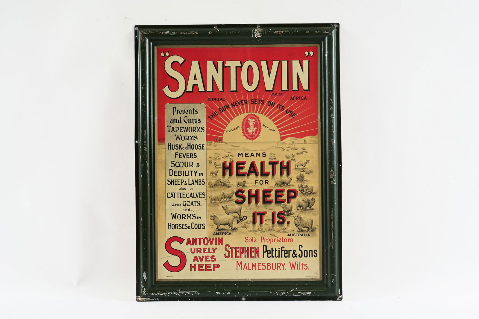 RARE "SANTOVIN" VETERINARIAN TIN SIGN: RARE "SANTOVIN" VETERINARIAN TIN SIGN STEPHEN PETTIFER & SONS, MALMESBURY, WILTS. EUROPE, AFRICA, AMERICA, AUSTRALIA MARKED B.A.T. CO. LTD. SMETHWICK SELF FRAMED EDGE STRONG COLOURS AND GREAT