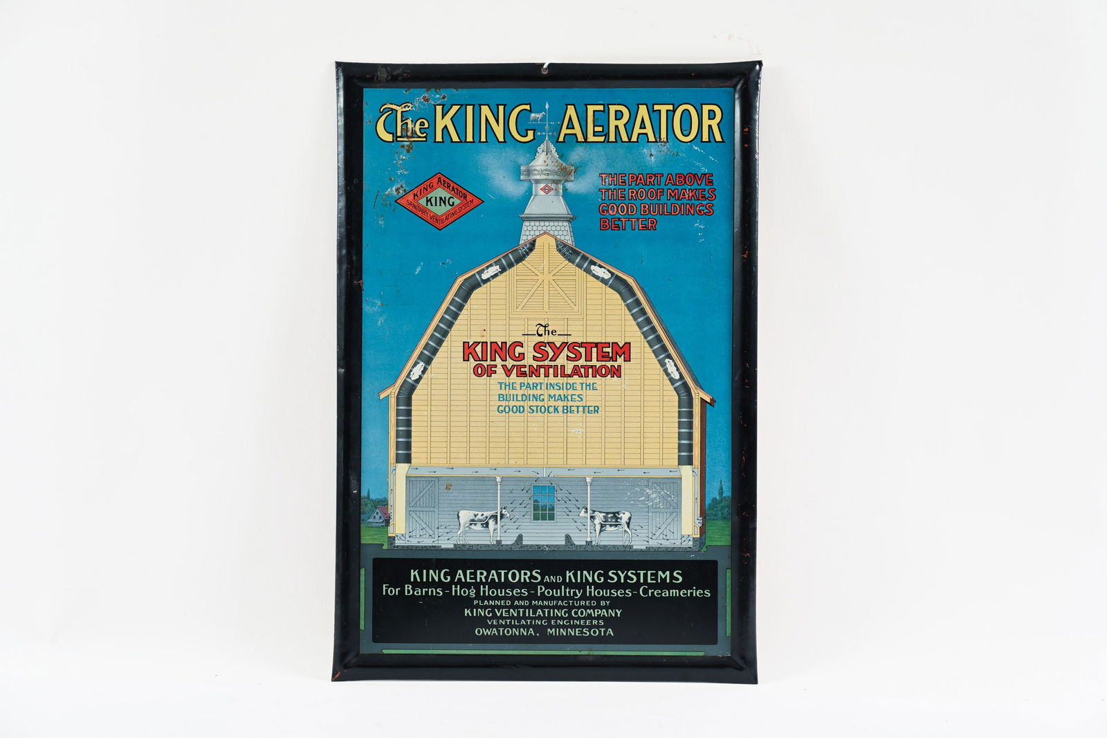 THE KING AERATOR TIN OVER CARDBOARD SIGN: THE KING AERATOR TIN OVER CARDBOARD SIGN KING VENTILATING COMPANY OWATONNA, MINNESOTA MARKED ON BACKSIDE THE AMERICAN ART WORKS COSHOCTON, OHIO SELF FRAMED EDGE GOOD COLOURS AND GREAT GRAPHICS 
