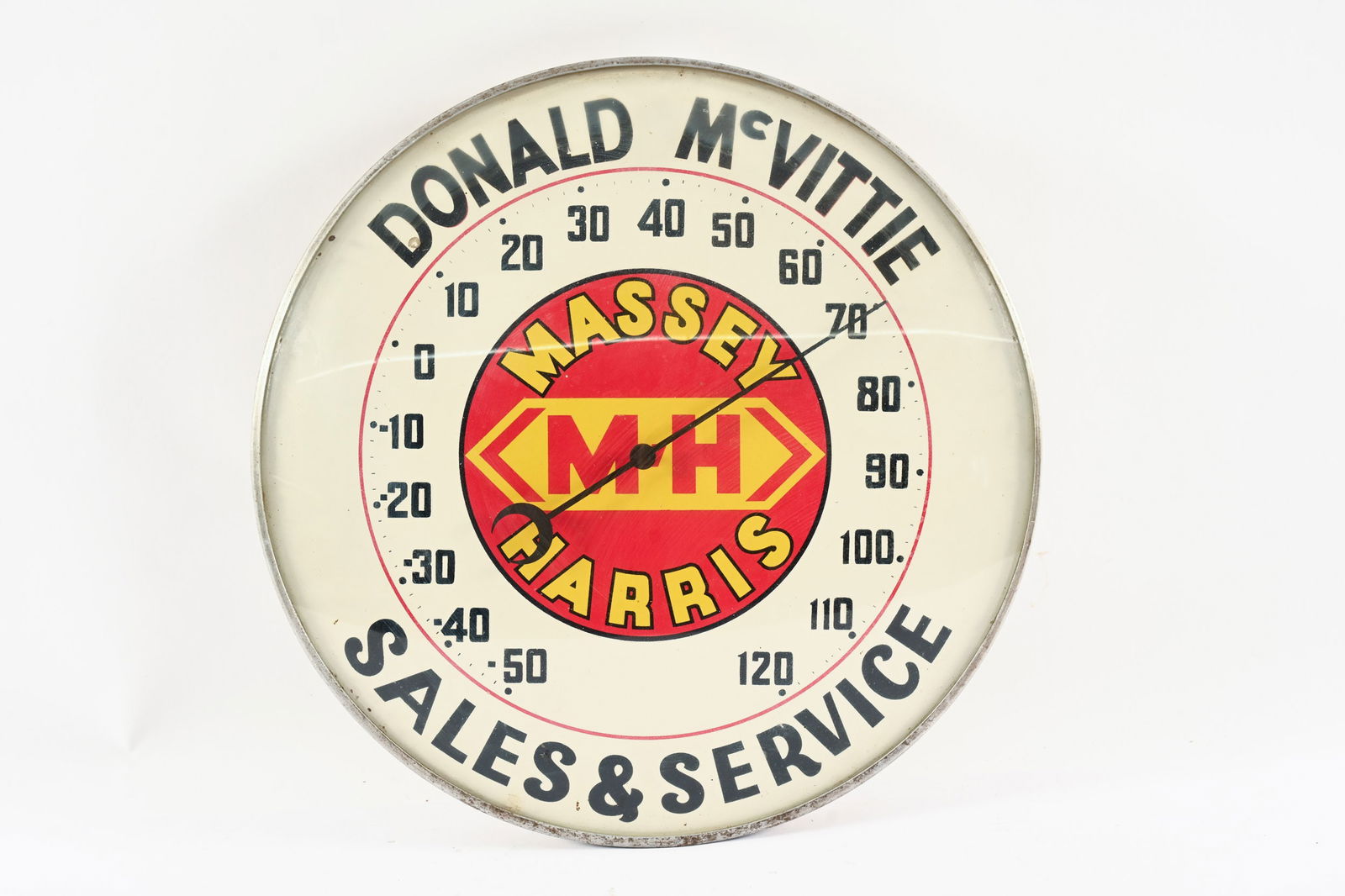 MASSEY-HARRIS DONALD MCVITTIE WALL THERMOMETER: MASSEY-HARRIS DONALD MCVITTIE SALES & SERVICE WALL THERMOMETER NOT MARKED GLASS DOME FACE WITH ALUMINUM CAN FIELD IN NEAR MINT CONDITION WORKING 16" *ALL ITEMS GUARANTEED AUTHENTIC BY SHACKELTON