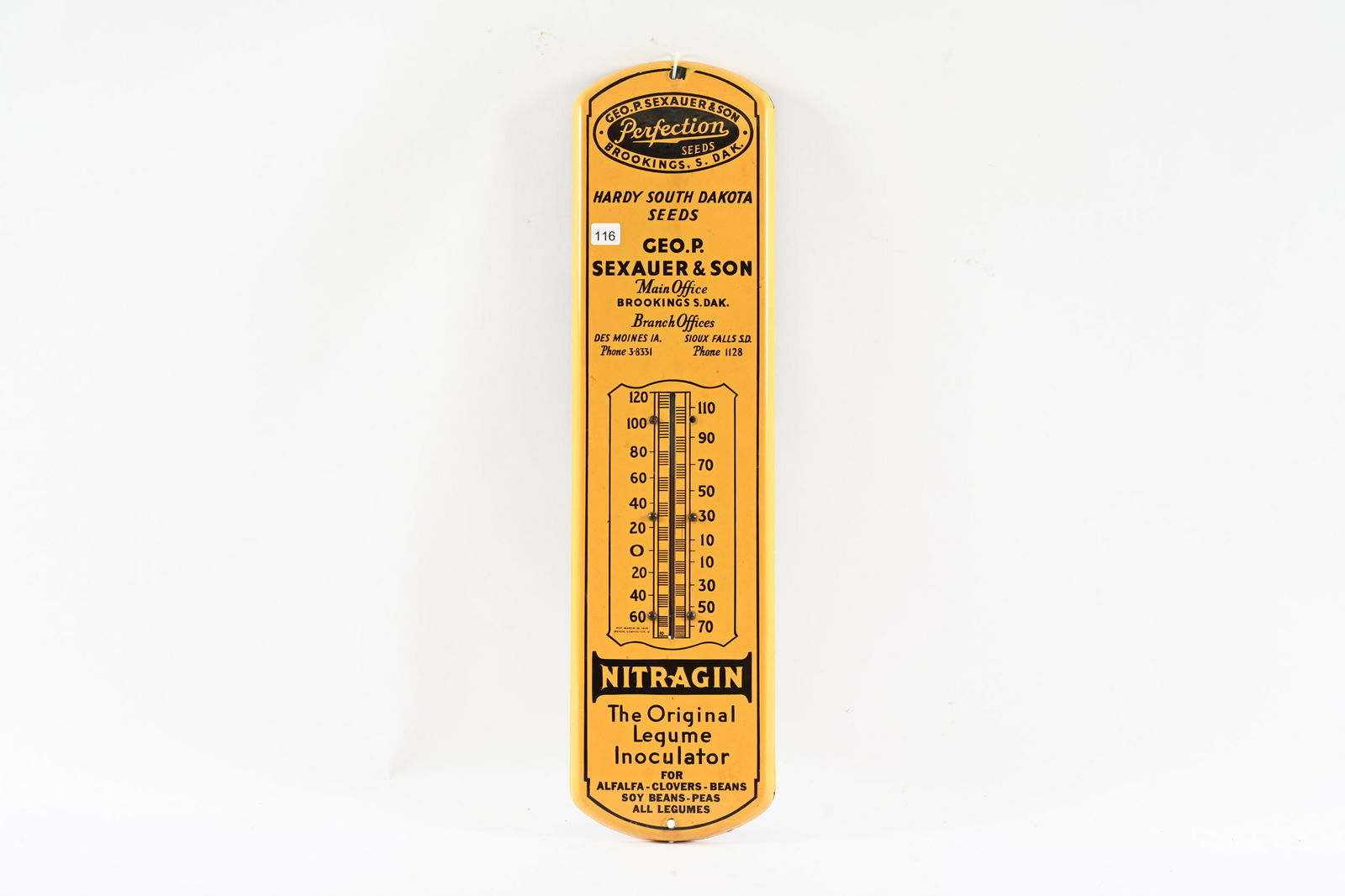 PERFECTION SEEDS "NITRAGIN" PORCELAIN THERMOMETER: EARLY PERFECTION SEEDS "NITRAGIN" THE ORIGINAL LEGUME INOCULATOR PORCELAIN THERMOMETER GEO. P. SEXAUER & SON, BROOKINGS, SOUTH DAKOTA MARKED BEACH, COSHOCTON, OHIO STRONG COLOURS AND GLOSS FIELD