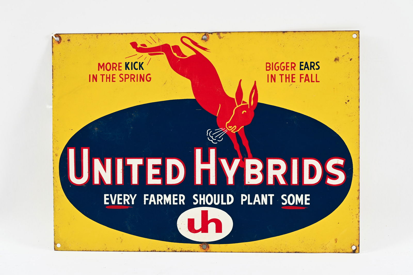 UNITED HYBRIDS TIN SIGN: UNITED HYBRIDS "EVERY FARMER SHOULD PLANT SOME" TIN SIGN NOT MARKED GOOD COLOURS AND GLOSS SHOWS SOME OXIDATION IN FIELD AND ALONG EDGES 14"X10" *ALL ITEMS GUARANTEED AUTHENTIC BY SHACKELTON