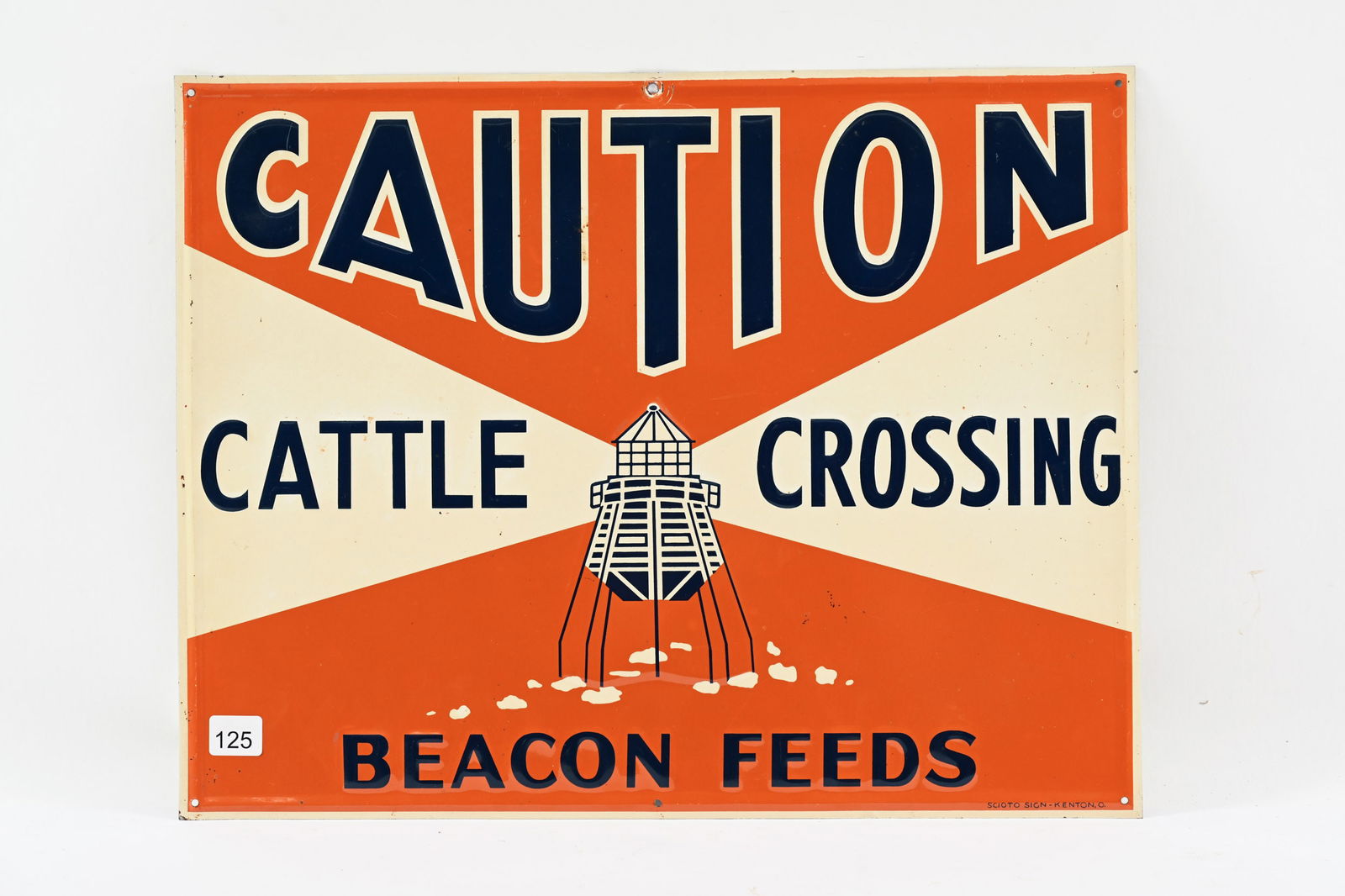 BEACON FEEDS CAUTION CATTLE CROSSING EMB. TIN SIGN: BEACON FEEDS CAUTION CATTLE CROSSING EMBOSSED TIN SIGN MARKED SCIOTO SIGN-KENTON, O SELF FRAMED EDGE GOOD CONDITION SHOWS SOME MINOR SURFACE WEAR 18"X14" *ALL ITEMS GUARANTEED AUTHENTIC BY