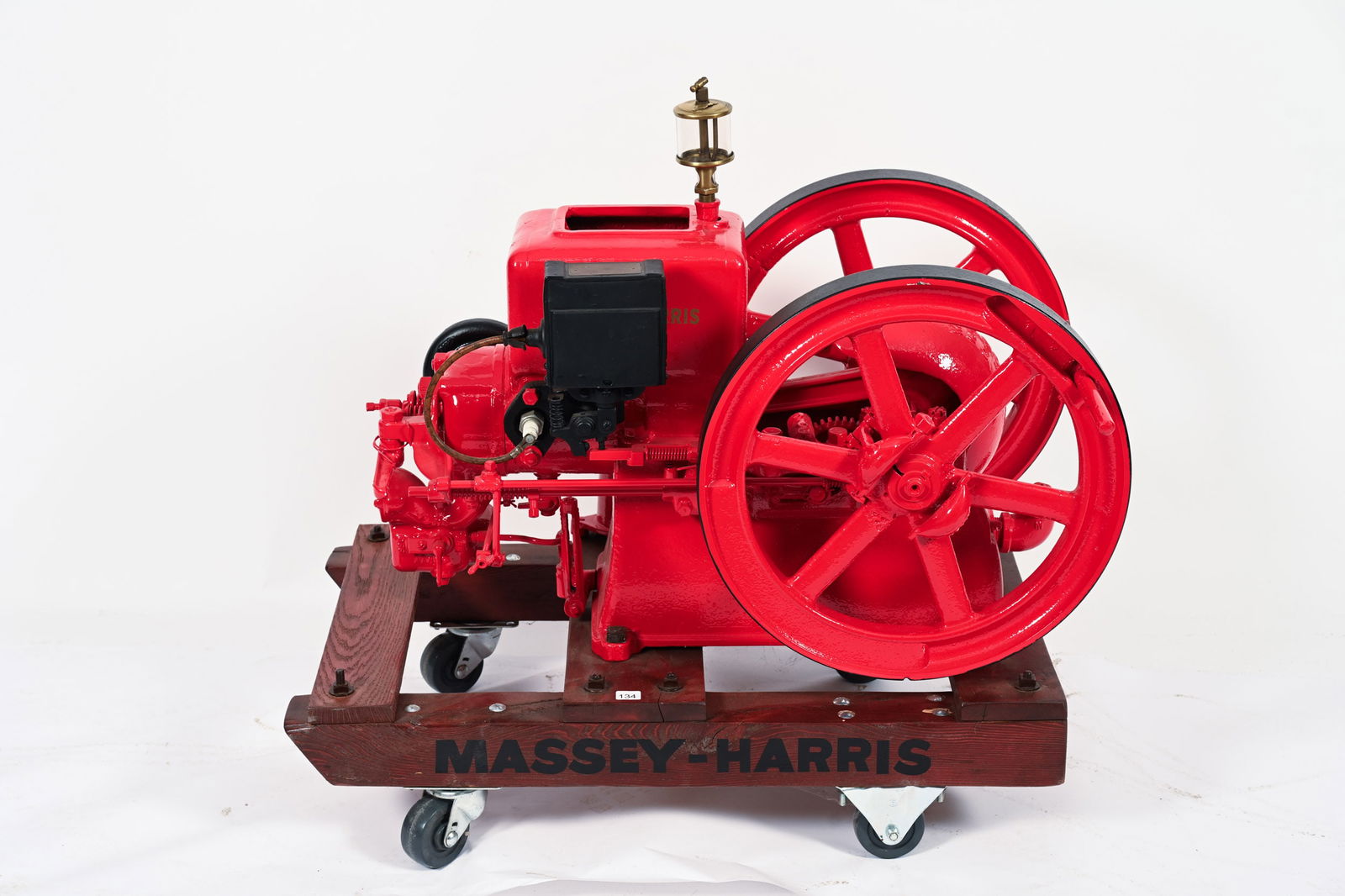 RESTORED MASSEY-HARRIS 1.5 HP STATIONARY ENGINE: RESTORED MASSEY-HARRIS 1.5 HP STATIONARY ENGINE BRASS ID TAG MARKED MASSEY-HARRIS CO LTD. TORONTO CANADA TYPE 2, 1.5 HP, 650 RPM PROFESSIONALLY RESTORED WITH CUSTOM MADE ROLLING CART ENGINE IS