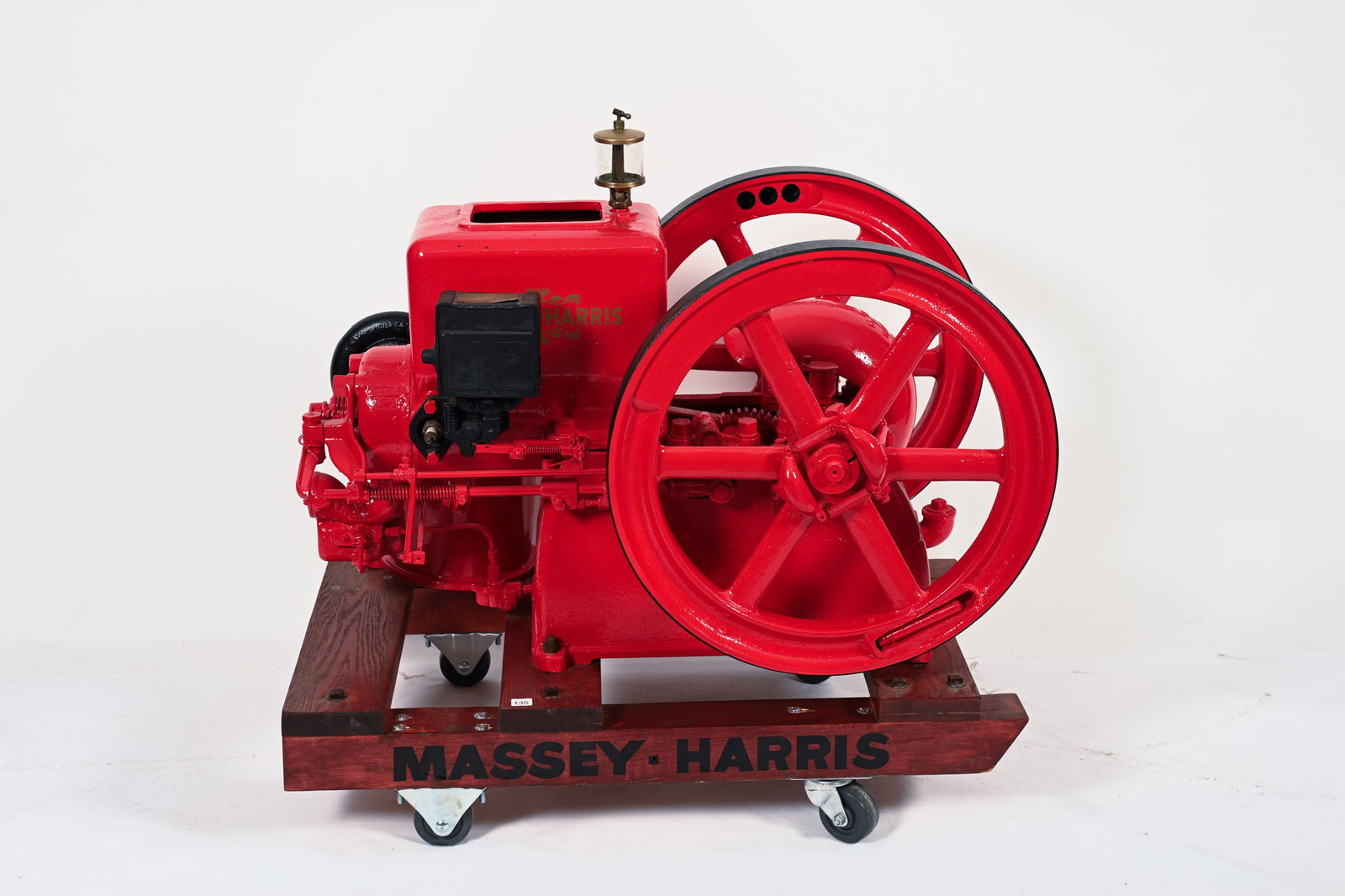 RESTORED MASSEY-HARRIS 3 HP STATIONARY ENGINE: RESTORED MASSEY-HARRIS 3HP STATIONARY ENGINE BRASS ID TAG MARKED MASSEY-HARRIS CO LTD. TORONTO CANADA TYPE 2, 3 HP, 600 RPM PROFESSIONALLY RESTORED WITH CUSTOM MADE ROLLING CART WITH COMPRESSION