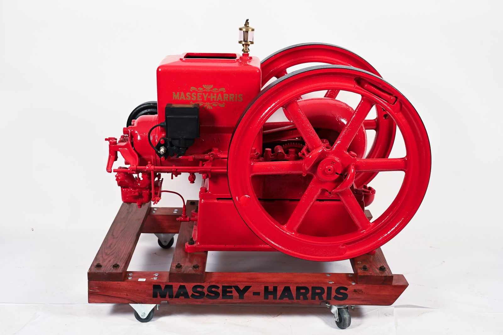 RESTORED MASSEY-HARRIS 6 HP STATIONARY ENGINE: RESTORED MASSEY-HARRIS 6 HP STATIONARY ENGINE BRASS ID TAG MARKED MASSEY-HARRIS CO LTD. TORONTO CANADA TYPE 2, 6 HP, 550 RPM PROFESSIONALLY RESTORED WITH CUSTOM MADE ROLLING CART HAS COMPRESSION