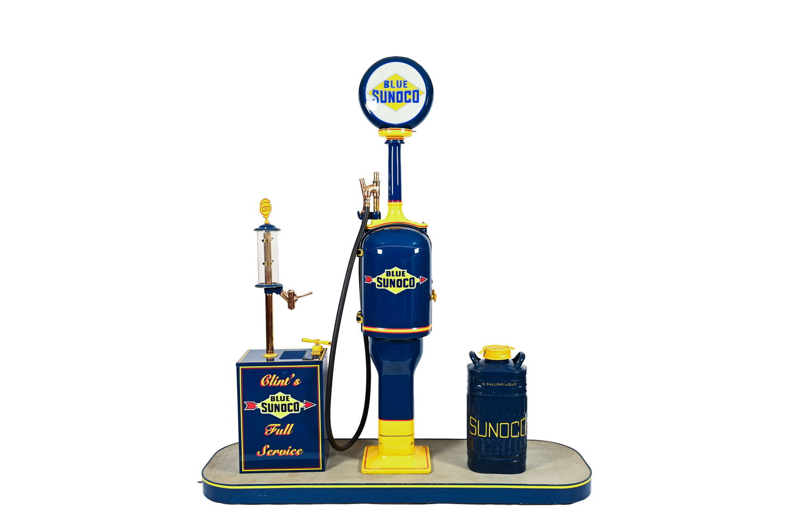 SUNOCO SERVICE STATION ISLAND UNIT: SUNOCO GILBARCO CURBSIDE PUMP, LUBESTER AND 10 GALLON GAS CAN SERVICE STATION ISLAND RESTORED GILBARCO CURBISDE GAS PUMP WITH DECAL LOGOS, REPRODUCTION 13.5" GLOBE, HOSE, BRASS FITTINGS AND NOZZLE 