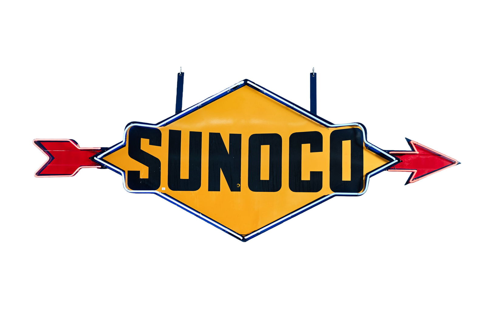 SUNOCO D/S PORCELAIN NEON SIGN WITH ARROWS: SUNOCO DOUBLE SIDED PORCELAIN NEON SIGN WITH ARROWS MARKED A-1650 ING. RICH. BEAVER FALLS, PA GOOD COLOURS AND GLOSS ON BOTH SIDES FIELD ON FRONT IN VERY GOOD CONDITION WITH MINOR PORCELAIN LOSS 