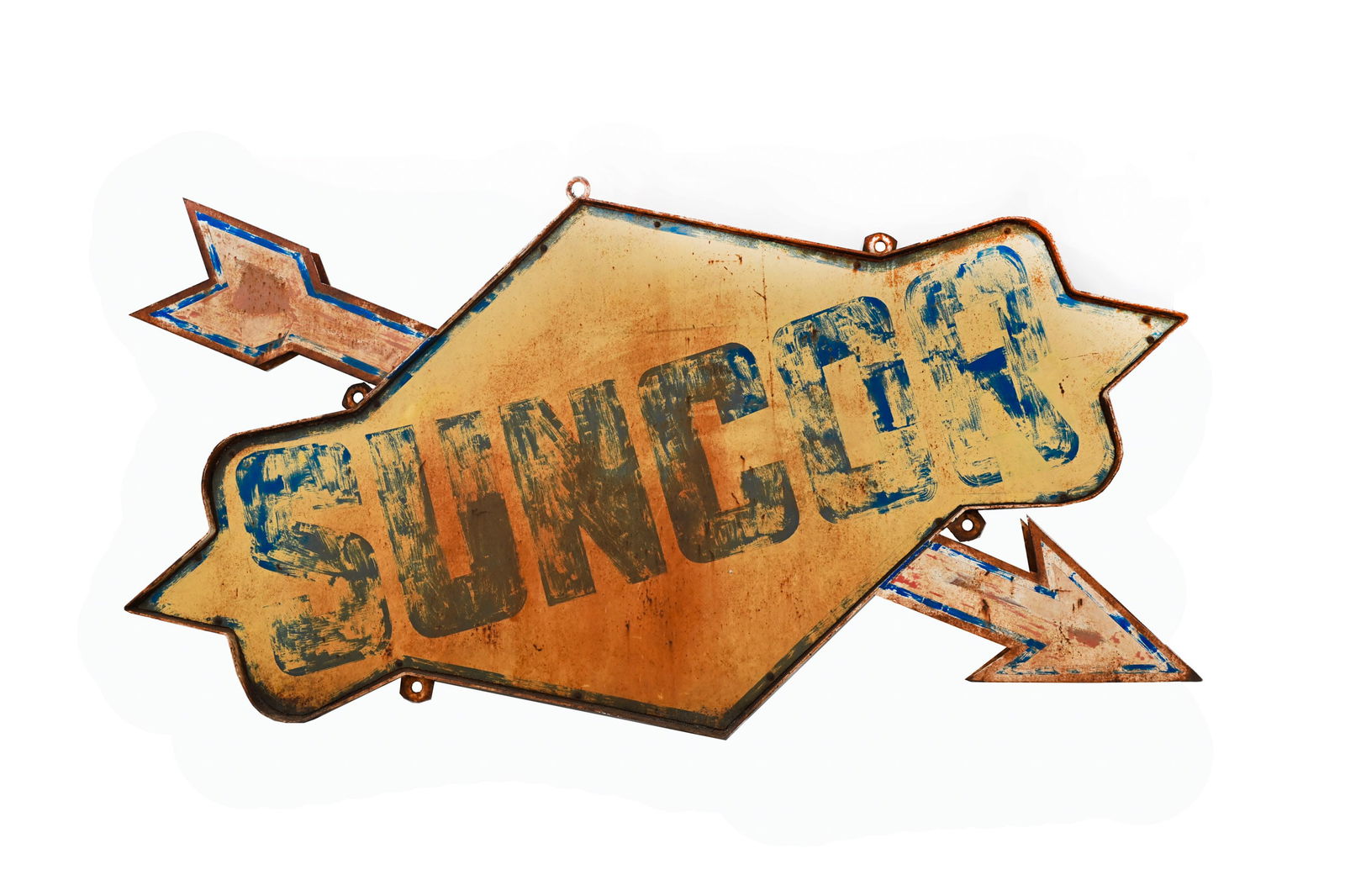 1954 SUNOCO/SUNCOR D/S PAINTED SIGN WITH ARROWS: 1954 SUNOCO/SUNCOR TRANSITIONAL DOUBLE SIDED PAINTED METAL SIGN WITH ARROWS SIGN ORIGINATED FROM THE PUMP HOUSE AT THE SUNOCO REFINERY DOCKS IN SARNIA, ONTARIO THIS WAS LIKELY THE FIRST SIGN THEY