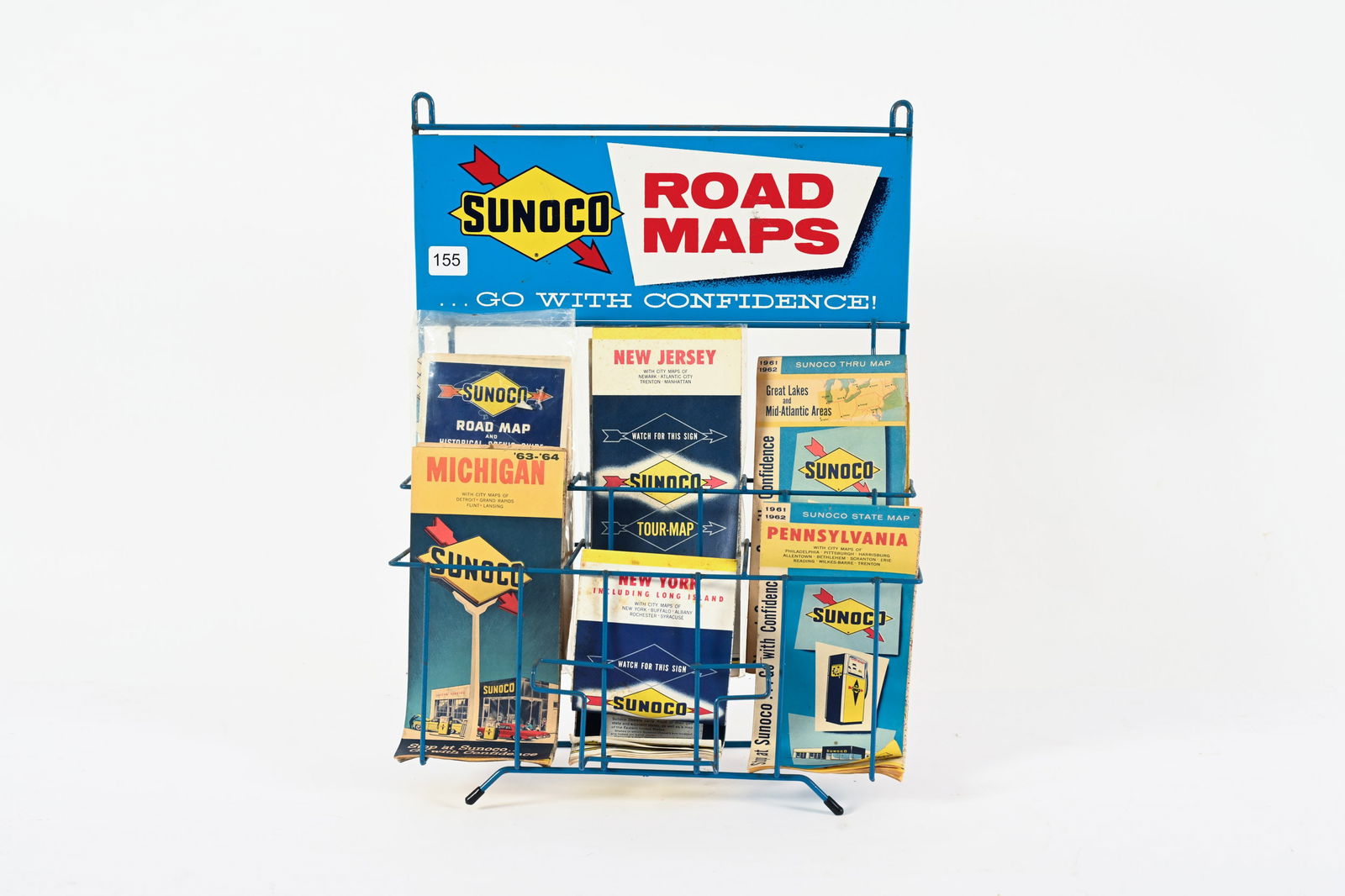 SUNOCO ROAD MAPS POINT OF SALE WIRE RACK: SUNOCO ROAD MAPS "GO WITH CONFIDENCE" POINT OF SALE WIRE RACK WITH U.S. ROAD MAPS GOOD CONDITION TIN RACK SIGN SHOWS MINOR WEAR 13"X5"X17"