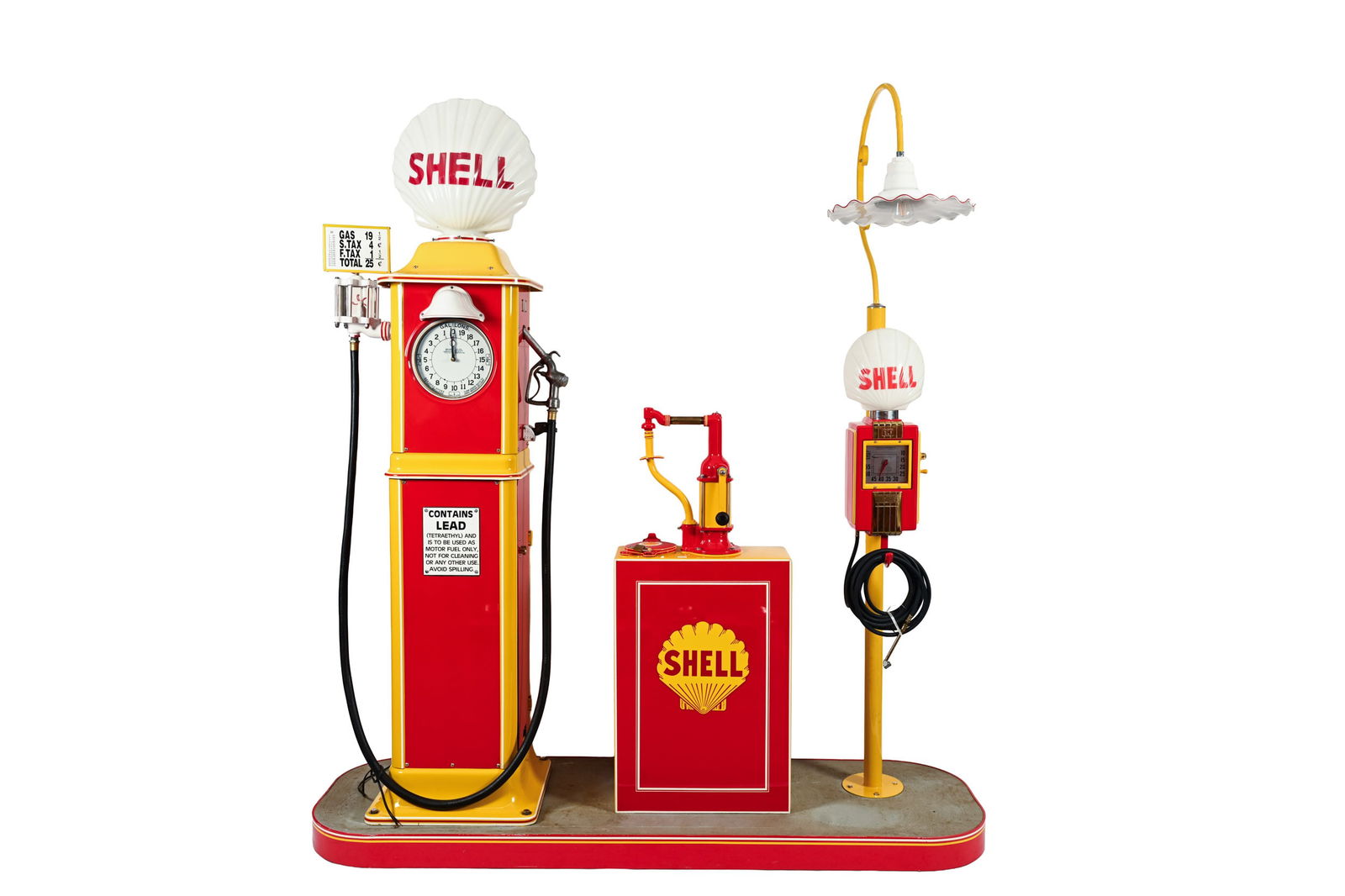 SHELL GAS PUMP & AIR METER SERVICE STATION ISLAND: SHELL ERIE GAS PUMP, ECO AIR METER AND LUBESTER SERVICE STATION ISLAND RESTORED ERIE MODEL 753 CLOCK FACE GAS PUMP WITH REPRODUCTION MILK GLASS GLOBE REPRODUCTION GAS PRICE SIGN AND CONTAINS LEAD PUMP