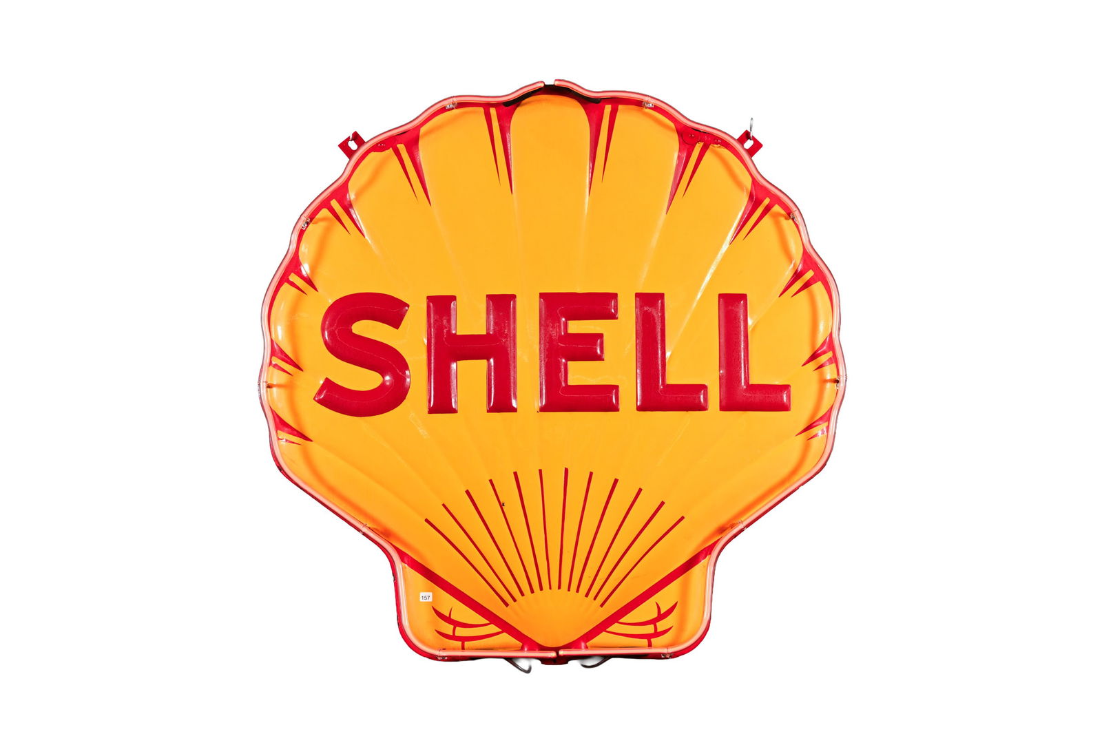 1940'S SHELL S/S EMBOSSED NEON 48" DEALER SIGN: EXCEPTIONAL 1940'S SHELL SINGLE SIDED EMBOSSED NEON 48" DEALER SIGN NOT MARKED GOOD COLOURS AND GLOSS FIELD IN VERY GOOD CONDITION WITH ONE SMALL FLAKE OF PORCELAIN FIELD SHOWS SURFACE STAINING