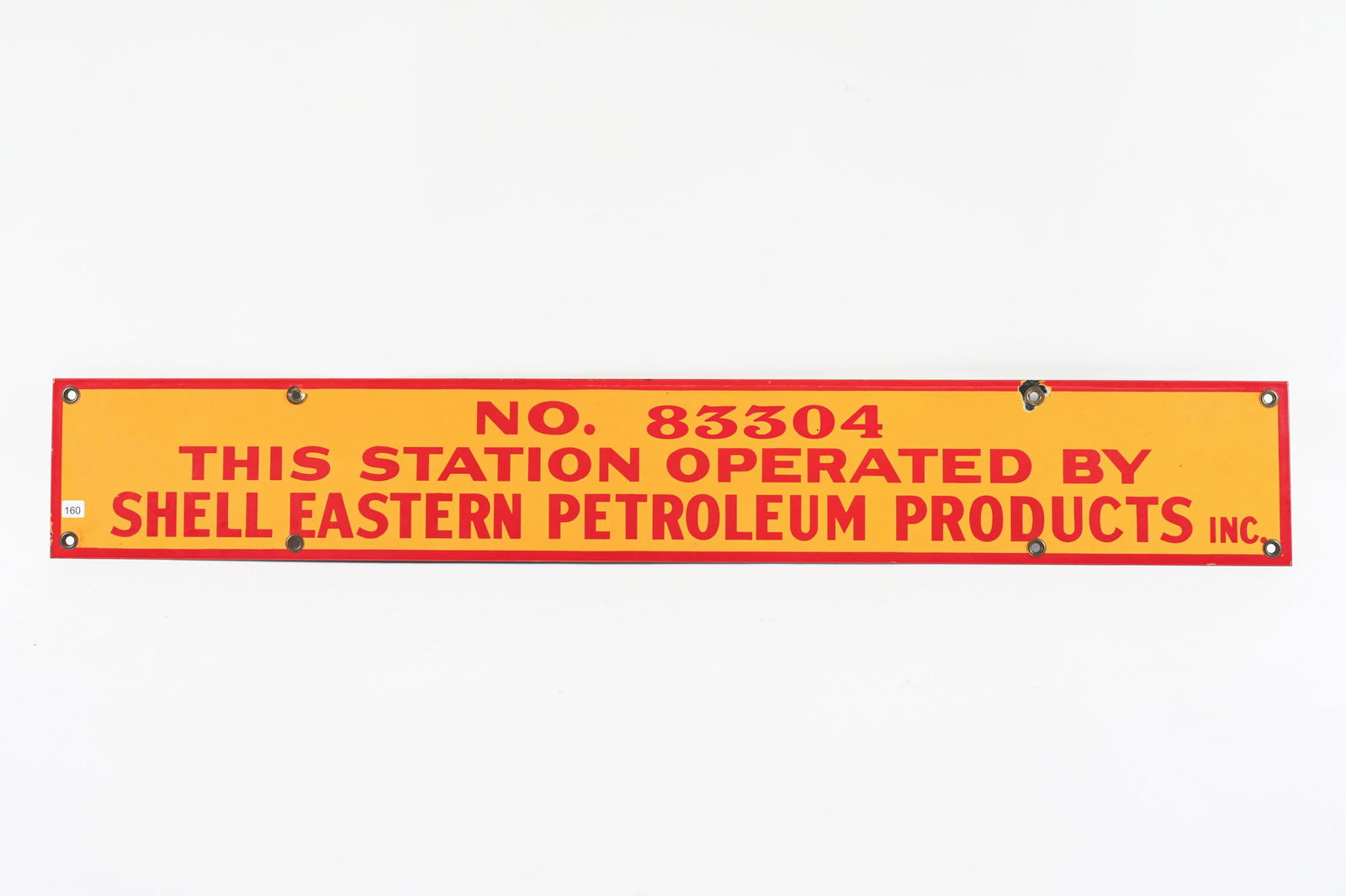 SHELL EASTERN PETROLEUM PRODUCTS INC. PORC. SIGN: SHELL EASTERN PETROLEUM PRODUCTS INC. PORCELAIN STATION SIGN NO. 83303 THIS STATION OPERATED BY SHELL EASTERN PETROLEUM PRODUCTS INC. NOT MARKED EXCELLENT COLOURS AND GLOSS NEAR MINT CONDITION IN