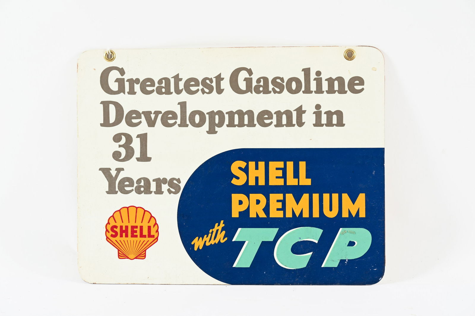 SHELL PREMIUM WITH TCP CARDBOARD RACK SIGN: SHELL PREMIUM WITH TCP CARDBOARD RACK SIGN NOT MARKED GOOD CONDITION WITH SLIGHT WEAR 14"X11"
