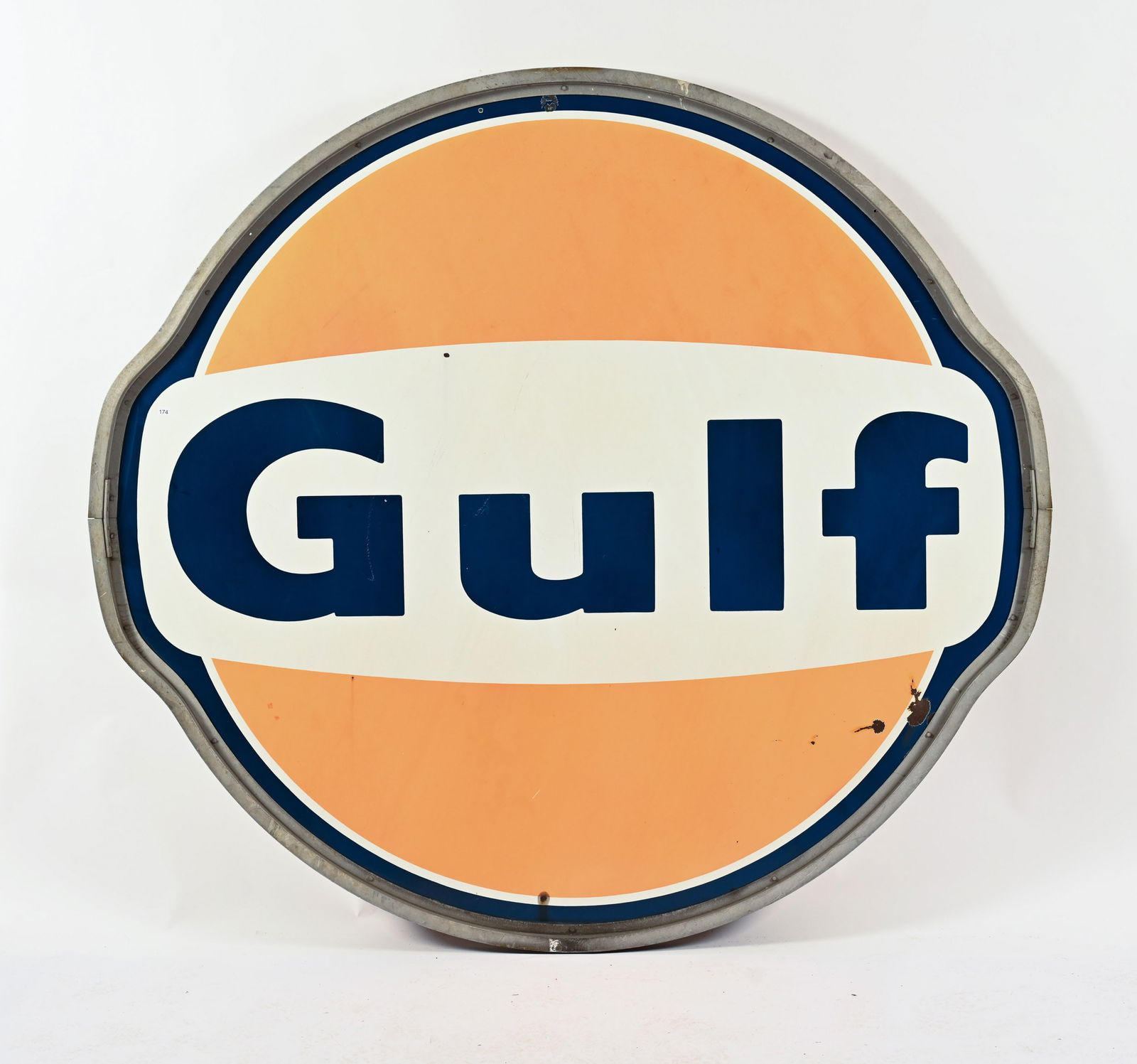 GULF D/S PORC. "DOG EAR" SIGN WITH ALUMINUM FRAME: GULF DOUBLE SIDED PORCELAIN "DOG EAR" DEALER SIGN WITH ALUMINUM FRAME NOT MARKED AVERAGE COLOURS AND GLOSS FIELD ON BOTH SIDES SHOWS MINOR AREAS OF PORCELAIN LOSS COLOURS SLIGHTLY WASHED OUT ON BOTH S