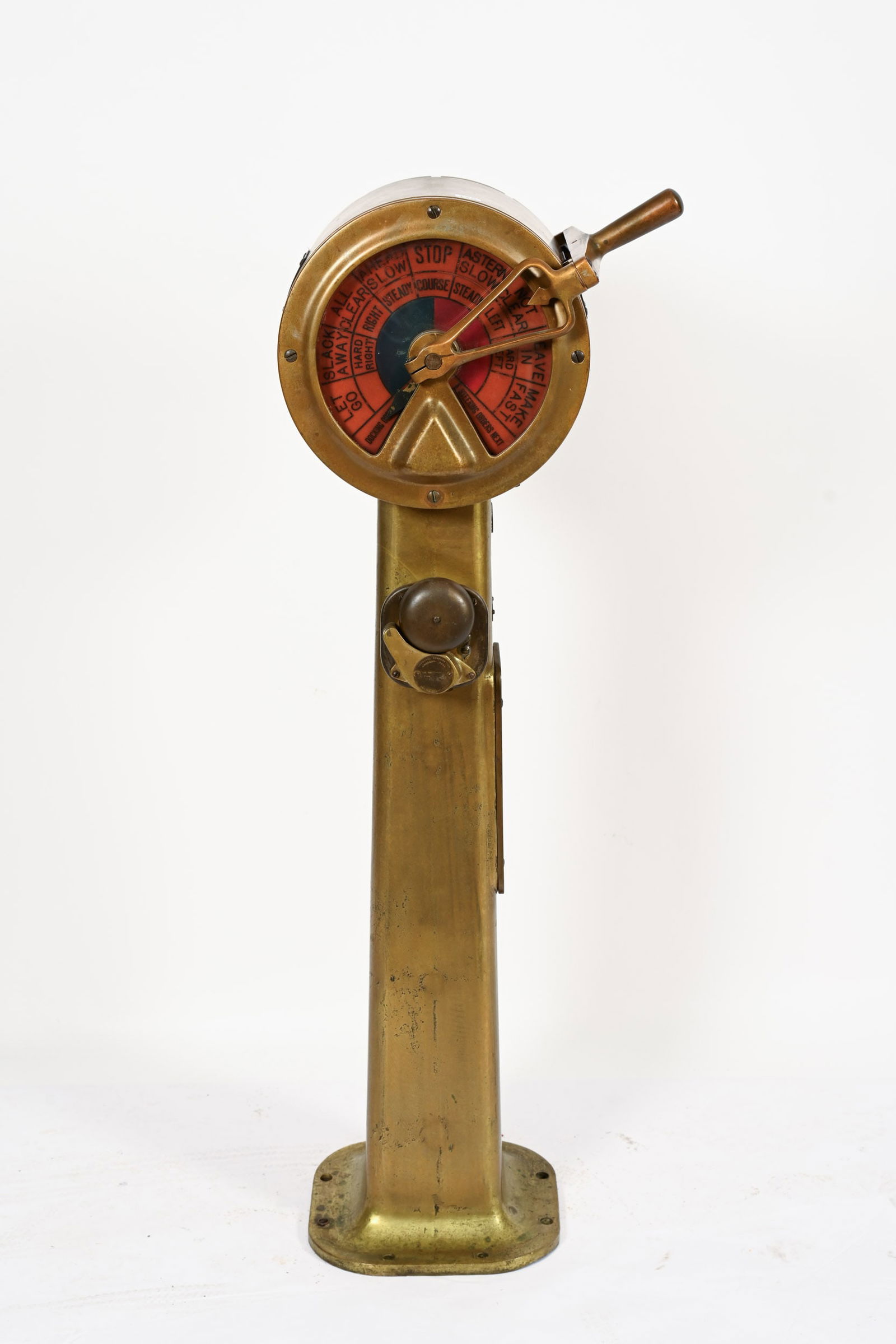 HENSCHEL BRASS SHIPS BRIDGE ENGINE ORDER TELEGRAPH: HENSCHEL TYPE 3 BRASS SHIPS BRIDGE ENGINE ORDER TELEGRAPH HENSCHEL CORPORATION AMESBURY, MASS WWII ERA IN EXCELLENT ORIGINAL CONDITION DOUBLE SIDED DRUM WITH DUAL DIAL SOLID BRASS WITH GLASS COMMAND W