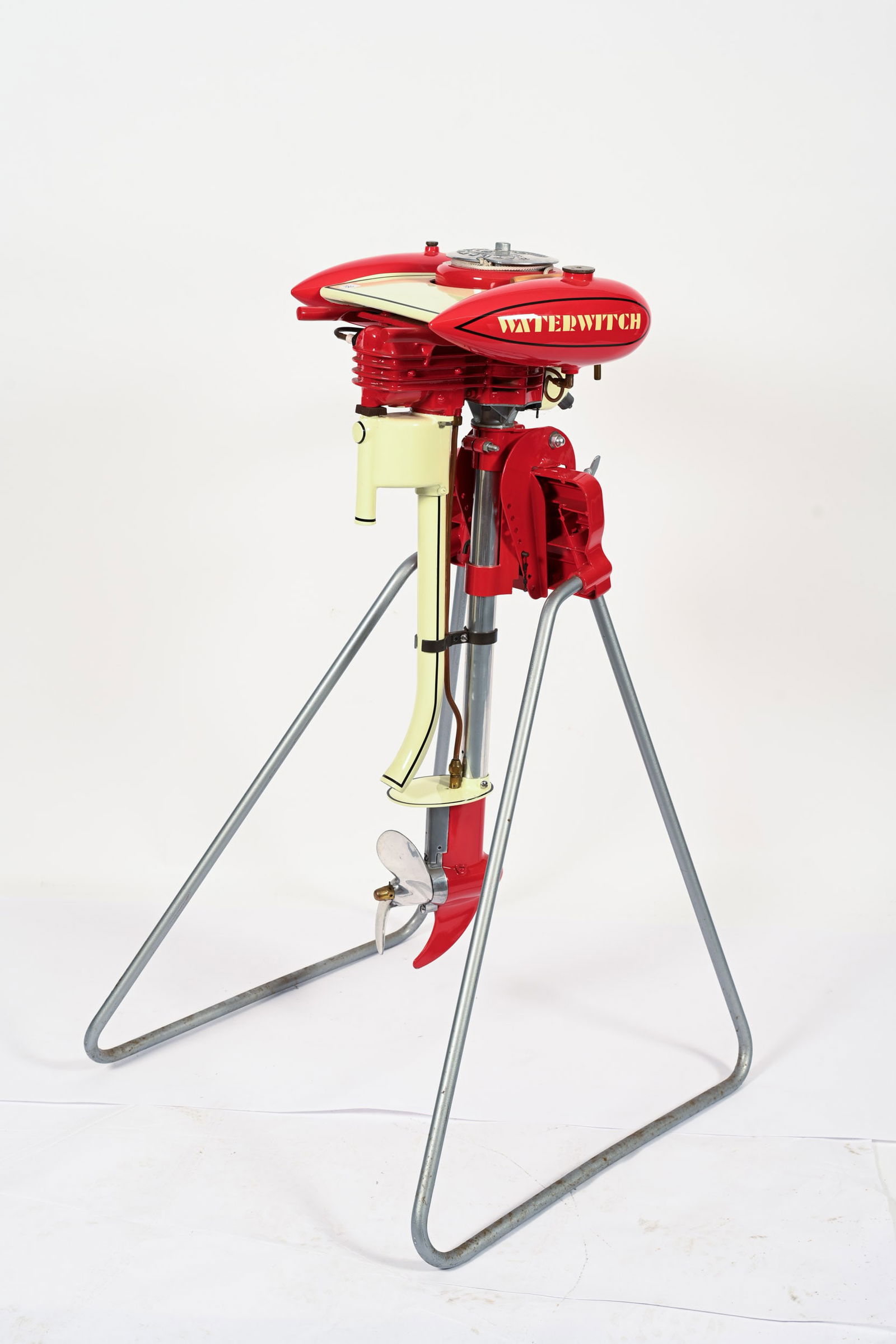 RESTORED 1938 WATERWITCH 2.5 HP OUTBOARD MOTOR: RESTORED 1938 SEARS, ROEBUCK WATERWITCH 2.5 HP OUTBOARD MOTOR WITH STAND SEARS ROEBUCK AND COMPANY MODEL 571-10 PROFESSIONALLY RESTORED WITH STAND DECAL LETTERS