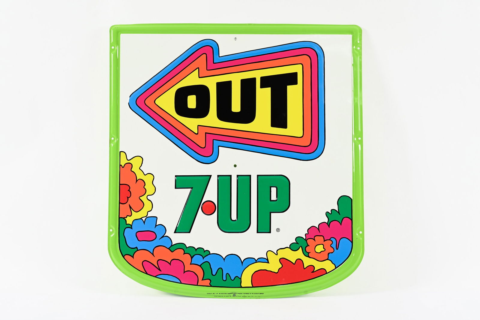 1970'S 7UP "OUT" PETER MAX STYLE EMBOSSED TIN SIGN: 1970'S 7UP "OUT" PETER MAX STYLE EMBOSSED TIN SIGN MARKED STOUT SIGN CO. ST. LOUIS, MO, MADE IN U.S.A. NEW OLD STOCK CONDITION WOULD BE HARD TO UPGRADE 28"X30" *ALL ITEMS GUARANTEED AUTHENTIC BY