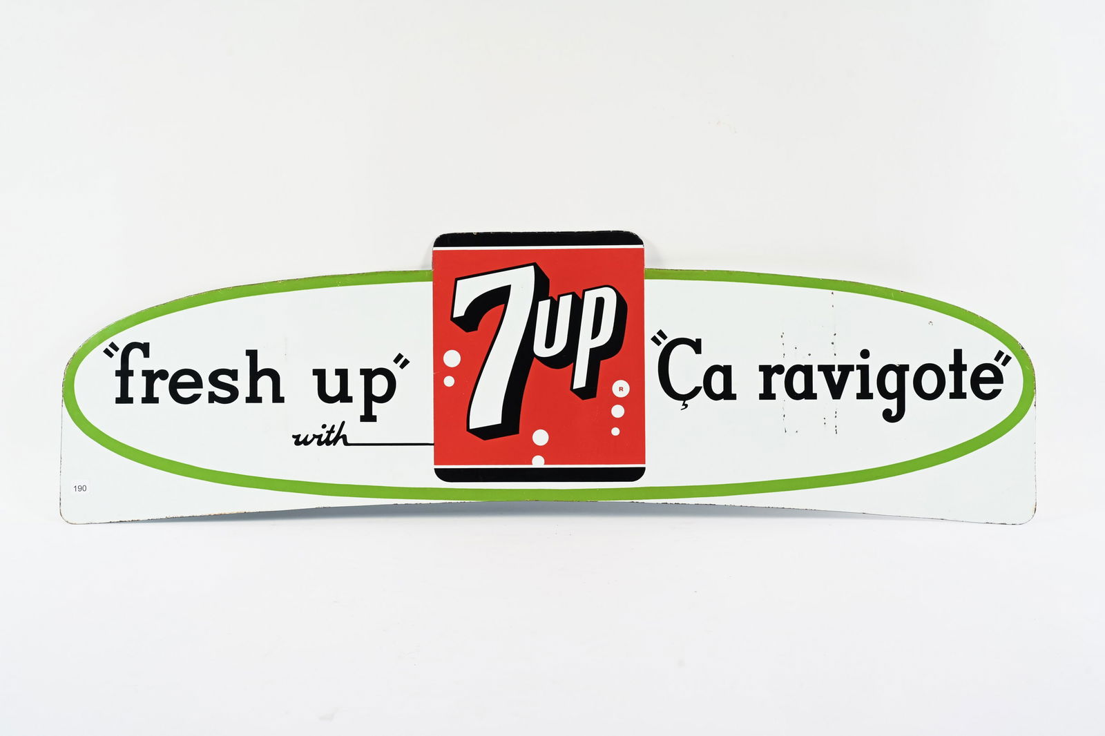 7UP "FRESH UP" PORCELAIN DELIVERY TRUCK TOPPER SIGN: 7UP "FRESH UP" PORCELAIN DELIVERY TRUCK TOPPER SIGN NOT MARKED STRONG COLOURS AND GLOSS FIELD IS VERY CLEAN WITH MINOR PORCELAIN CHIPS TO RIGHT SIDE SMALL CHIPS ALONG PERIMETER MOUNTING BRACKETS