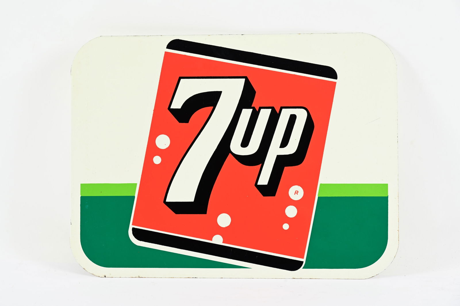 1962 7UP DOUBLE SIDED TIN FLANGE SIGN: 1962 7UP DOUBLE SIDED TIN FLANGE SIGN MARKED STOUT SIGN CO. ST. LOUIS, MO, MADE IN U.S.A. FIELD ON BOTH SIDES IN NEAR MINT CONDITION LIGHT SURFACE SCRATCHES AND MINOR PAINT CHIPS ALONG PERIMETER 16"X1