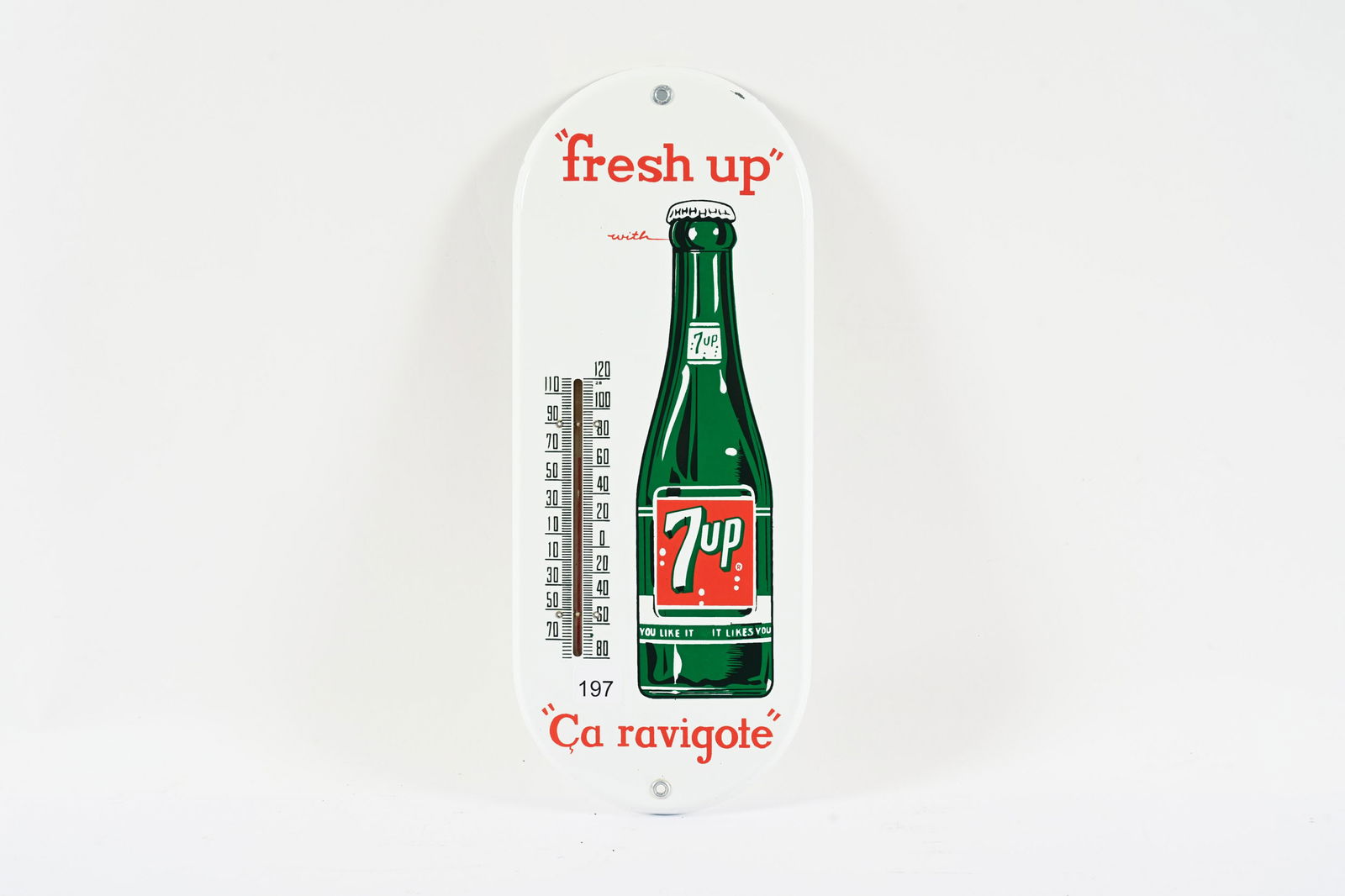 7UP "FRESH UP" PORCELAIN THERMOMETER: 7UP "FRESH UP" PORCELAIN THERMOMETER NOT MARKED NEAR MINT CONDITION MINOR PORCELAIN LOSS AT UPPER EDGE WITH WORKING TUBE 6"X15" *ALL ITEMS GUARANTEED AUTHENTIC BY SHACKELTON AUCTIONS UNLESS