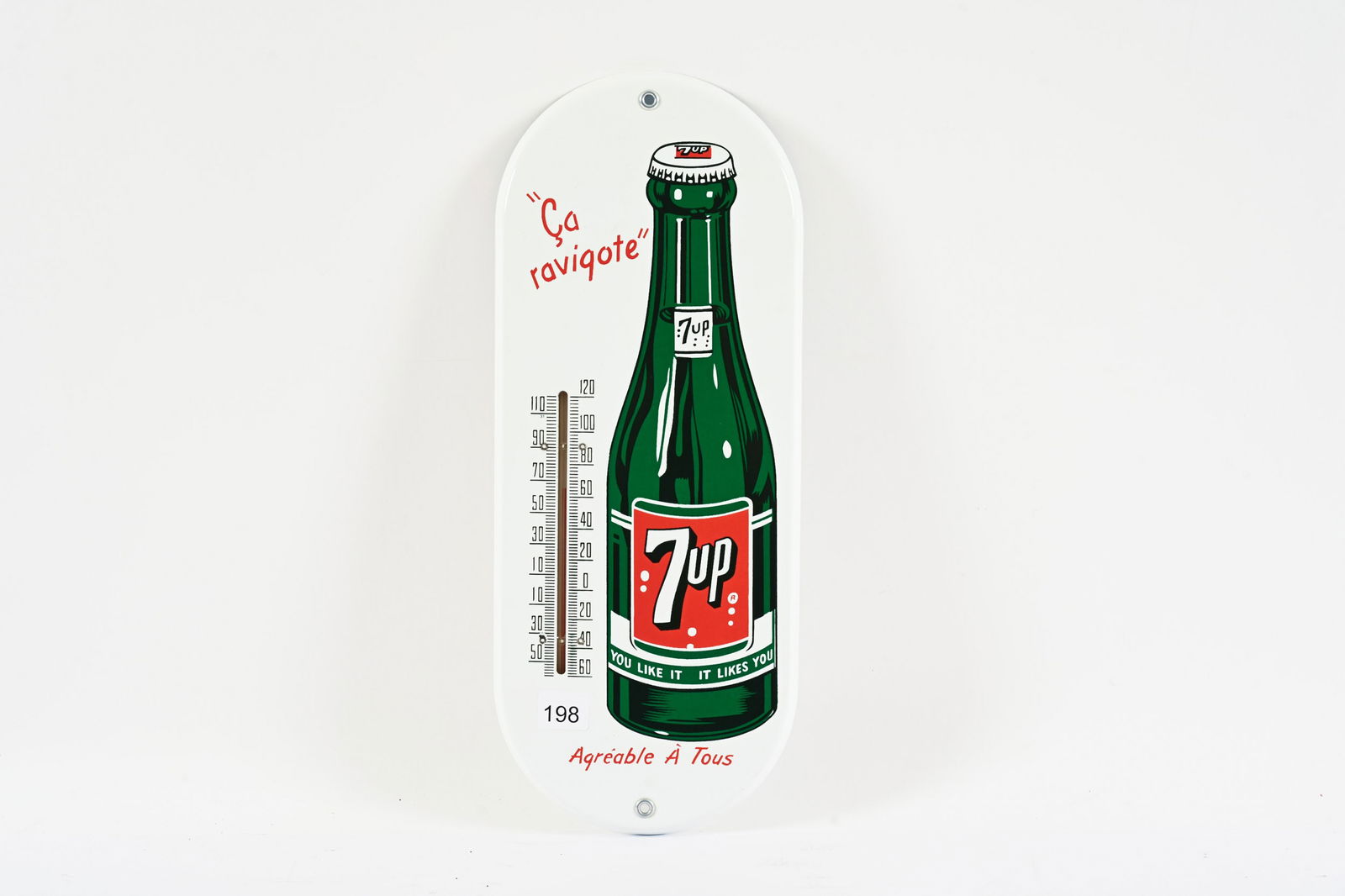 FRENCH 7UP PORCELAIN THEROMETER: FRENCH 7UP PORCELAIN THEROMETER NOT MARKED NEW OLD STOCK CONDITION WITH WORKING TUBE 6"X15" *ALL ITEMS GUARANTEED AUTHENTIC BY SHACKELTON AUCTIONS UNLESS OTHERWISE SPECIFIED