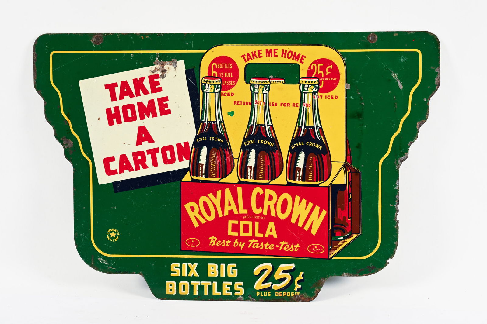 1940'S ROYAL CROWN COLA D/S PAINTED METAL RACK SIGN: 1940'S ROYAL CROWN COLA DOUBLE SIDED PAINTED METAL SIX PACK RACK SIGN MARKED A-M 10-41 A PRODUCT OF NEHI CORP GOOD COLOURS AND GREAT GRAPHICS SHOWS SOME PAINT BUBBLING TO FRONT SIDE AT SIX PACK