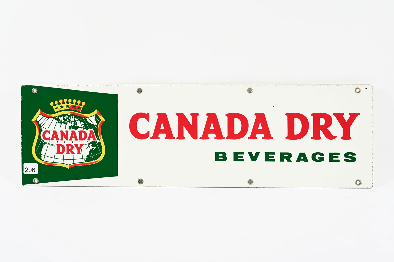 SMALL CANADA DRY BEVERAGES PORCELAIN KICK PLATE: SMALL CANADA DRY BEVERAGES PORCELAIN KICK PLATE NOT MARKED NEAR MINT CONDITION IN FIELD SHOWS SOME SMALL CHIPS OF PORCELAIN LOSS AROUND EDGES 24"X7" *ALL ITEMS GUARANTEED AUTHENTIC BY SHACKELTON